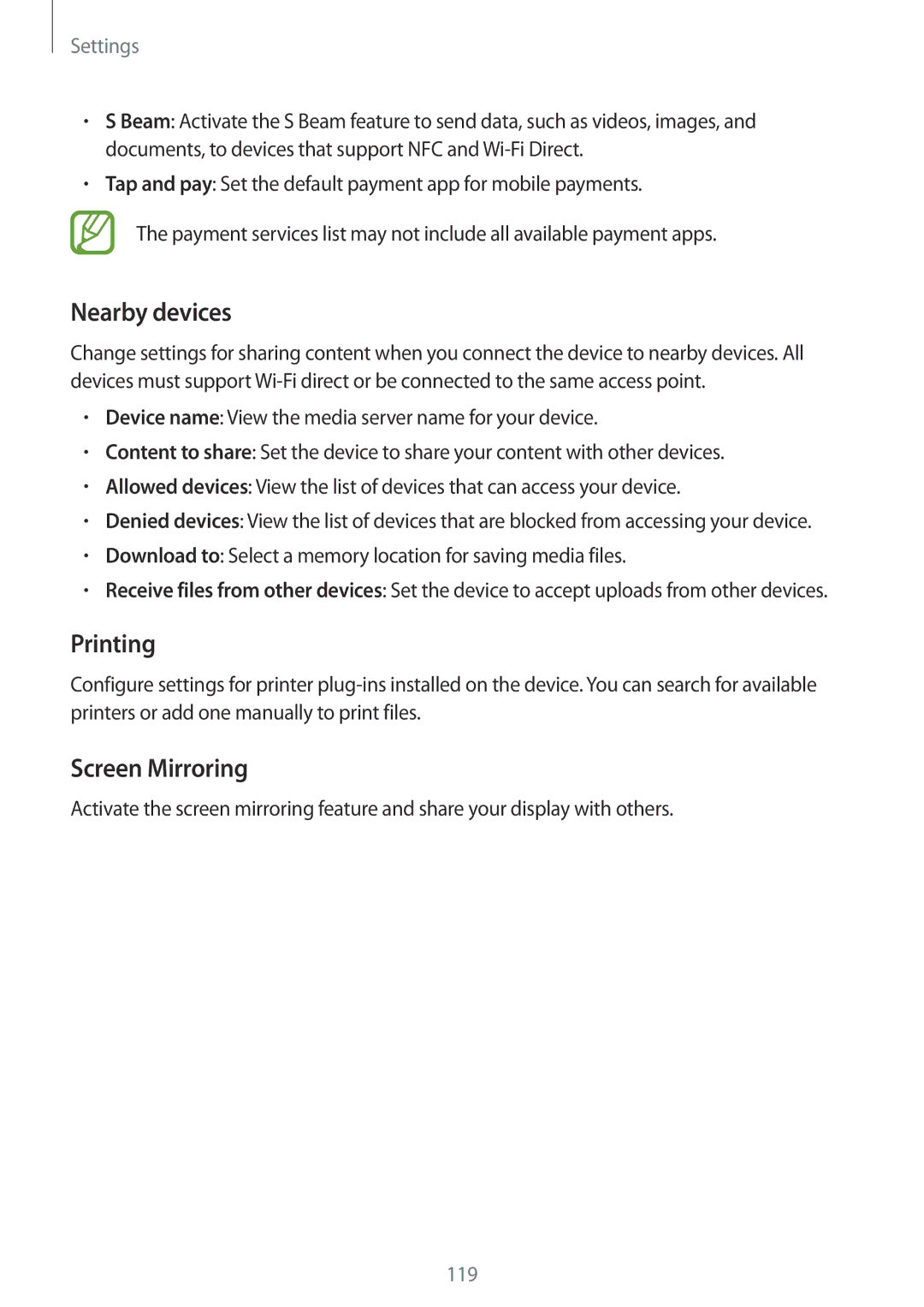 Samsung SM-A700FZDDKSA, SM-A700FZKADBT, SM-A700FZKACYO, SM-A700FZWATPH manual Nearby devices, Printing, Screen Mirroring 