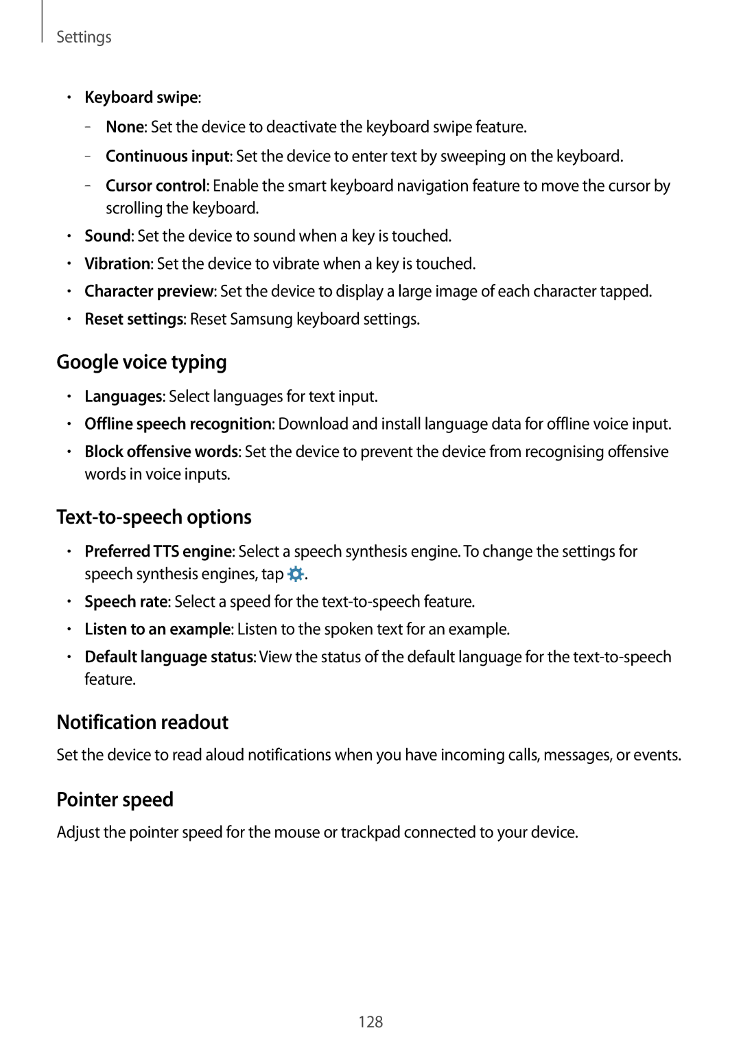 Samsung SM-A700FZWAATO Google voice typing, Text-to-speech options, Notification readout, Pointer speed, Keyboard swipe 