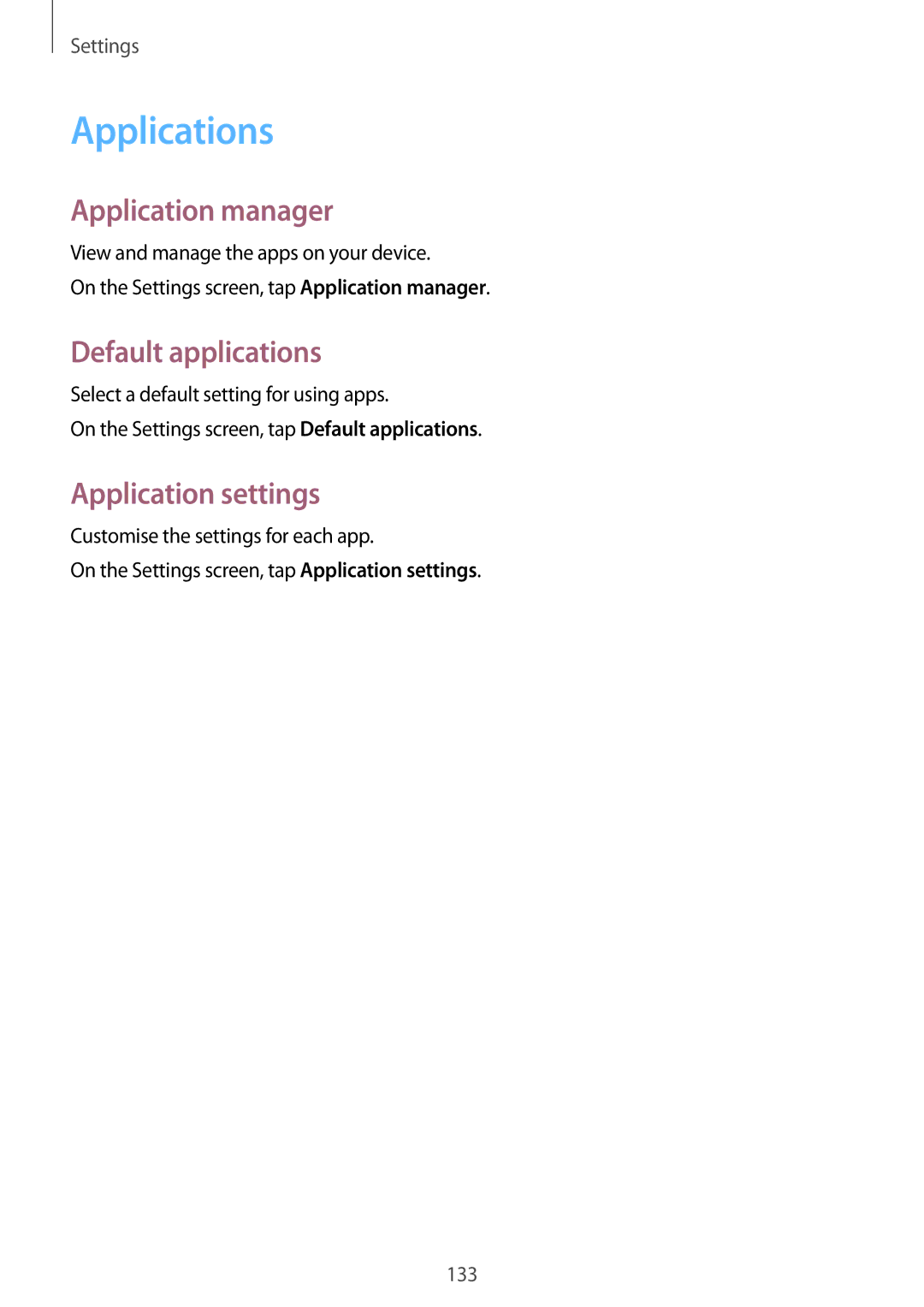 Samsung SM-A700FZDAXEH, SM-A700FZKADBT manual Applications, Application manager, Default applications, Application settings 