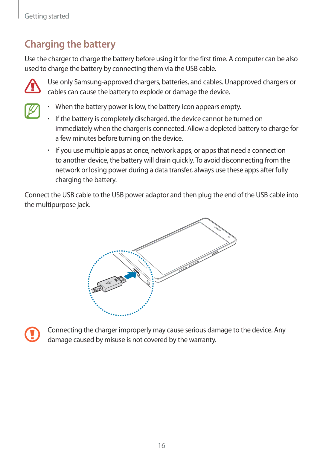 Samsung SM-A700FZDASEE, SM-A700FZKADBT, SM-A700FZKACYO, SM-A700FZWATPH, SM-A700FZDASEB, SM-A700FZDATPH Charging the battery 