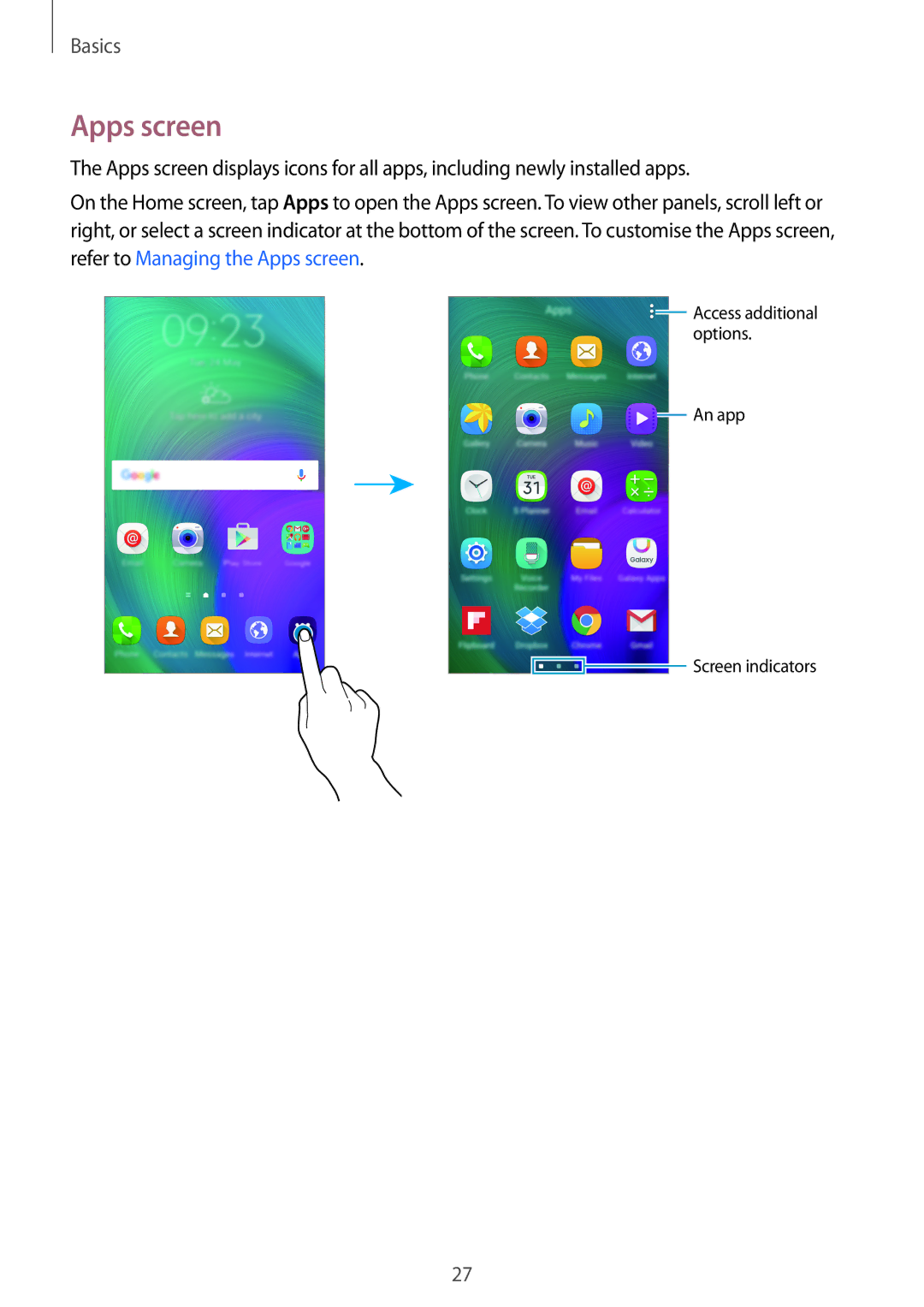 Samsung SM-A700FZDABGL, SM-A700FZKADBT, SM-A700FZKACYO, SM-A700FZWATPH, SM-A700FZDASEB, SM-A700FZDATPH manual Apps screen 