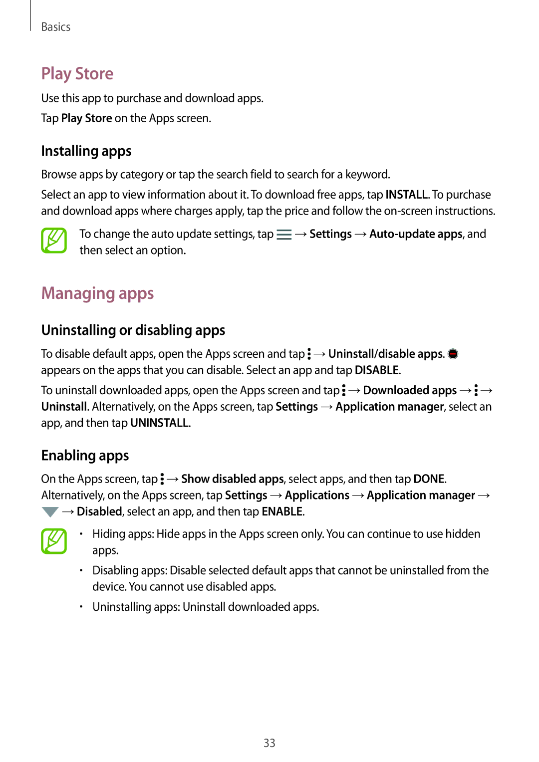 Samsung SM-A700FZKAETL, SM-A700FZKADBT manual Play Store, Managing apps, Uninstalling or disabling apps, Enabling apps 