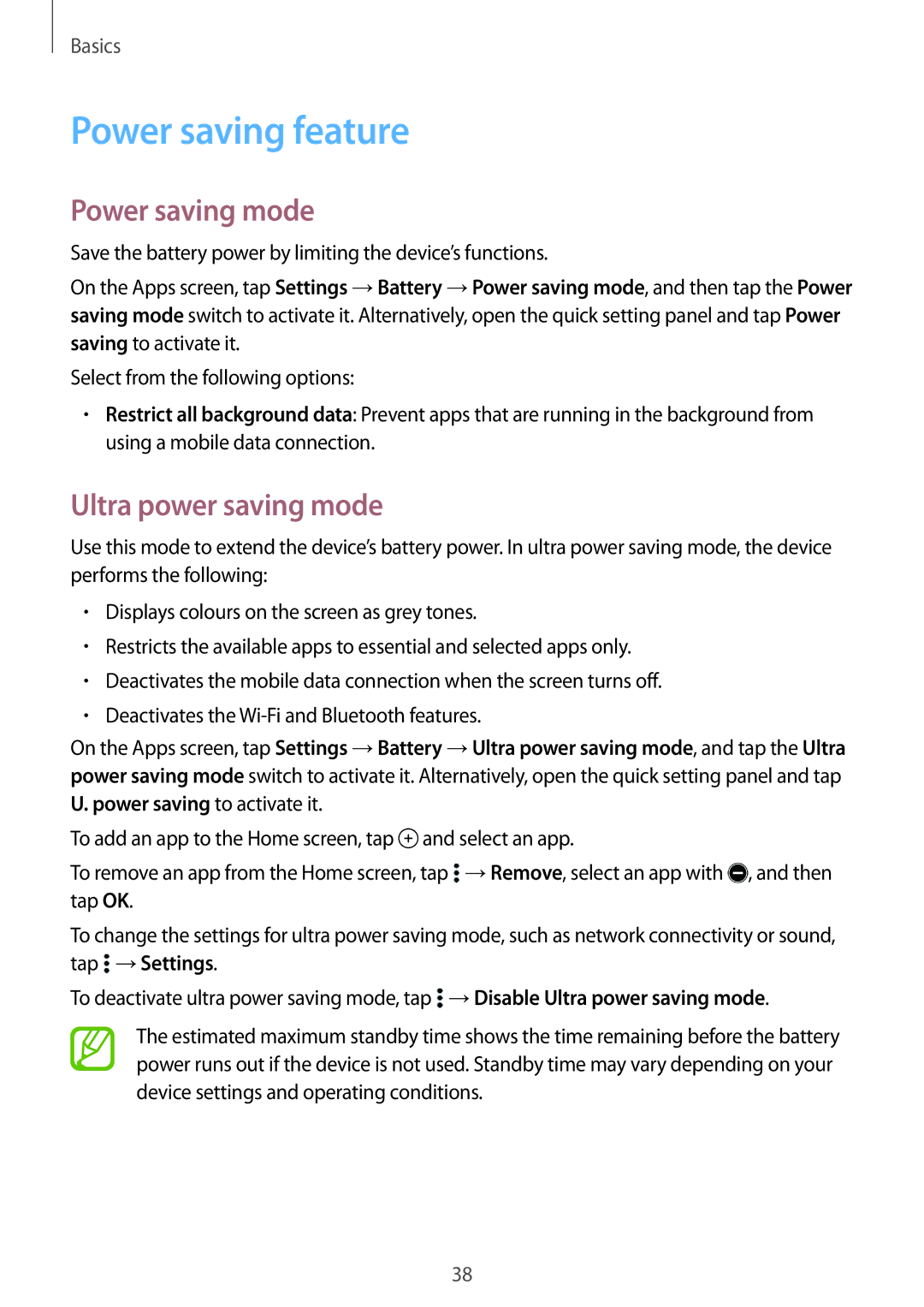 Samsung SM-A700FZKANEE, SM-A700FZKADBT, SM-A700FZKACYO Power saving feature, Power saving mode, Ultra power saving mode 