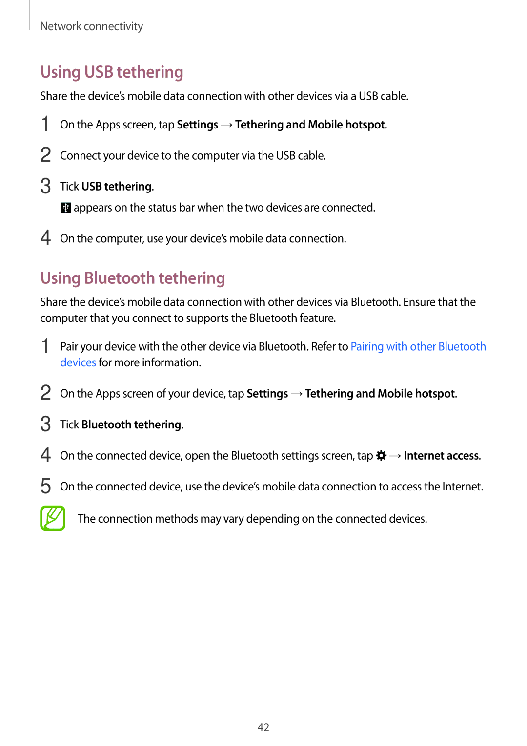 Samsung SM-A700FZWAILO manual Using USB tethering, Using Bluetooth tethering, Tick USB tethering, Tick Bluetooth tethering 