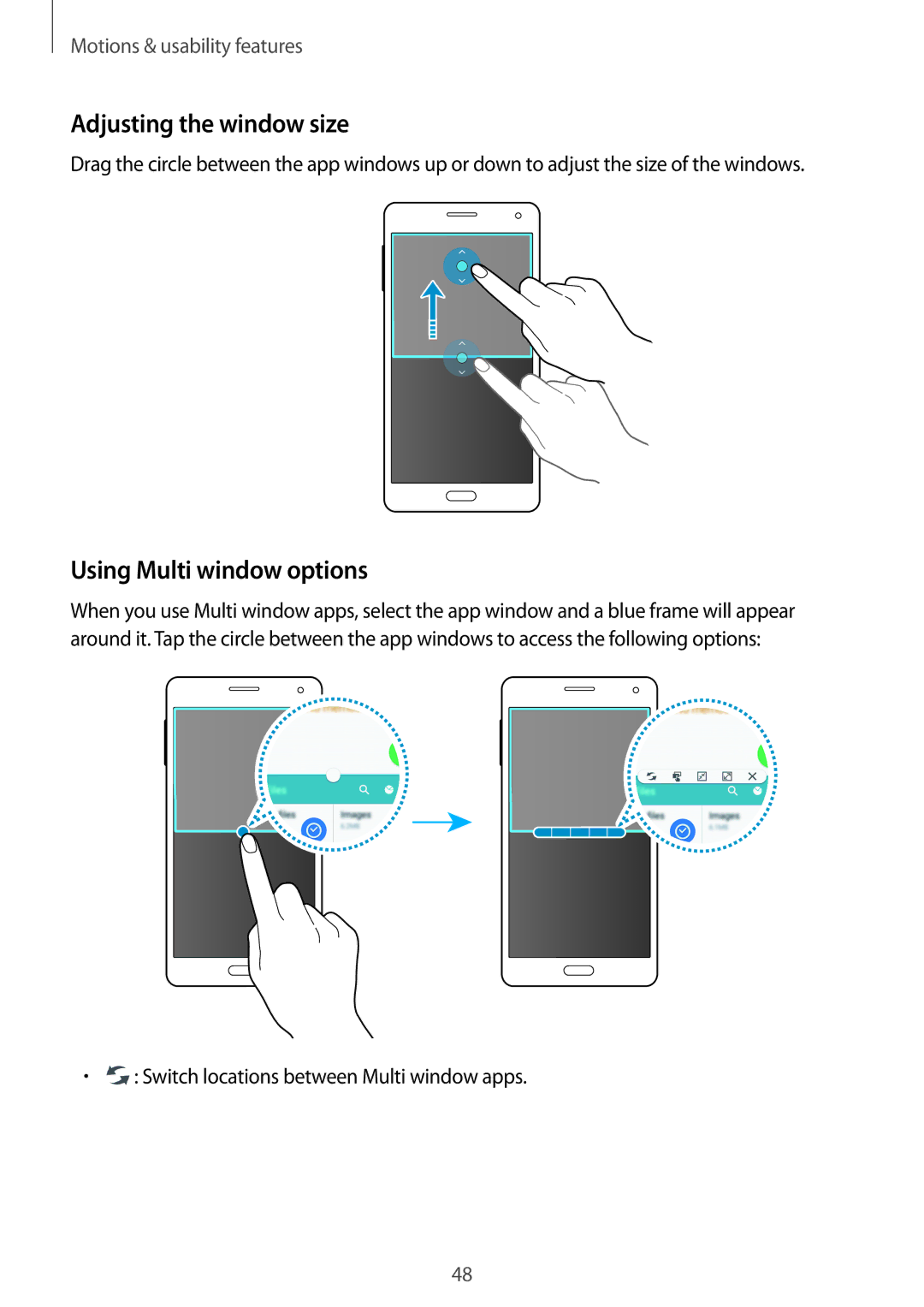 Samsung SM-A700FZKADBT, SM-A700FZKACYO, SM-A700FZWATPH, SM-A700FZDASEB Adjusting the window size, Using Multi window options 