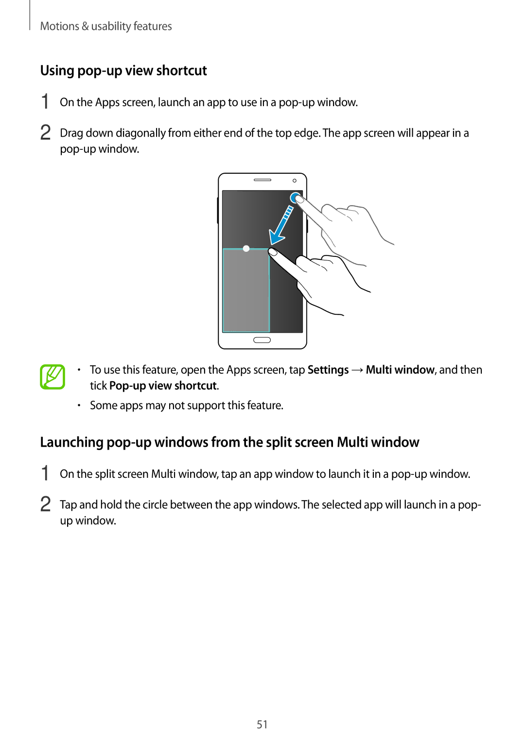 Samsung SM-A700FZDASEB manual Using pop-up view shortcut, Launching pop-up windows from the split screen Multi window 