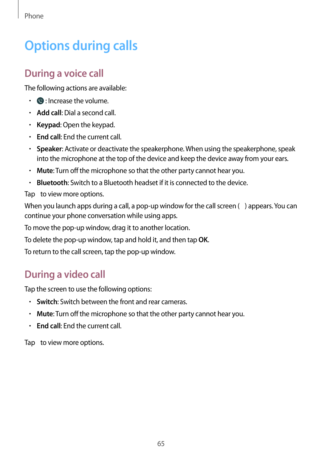 Samsung SM-A700FZKAXEO, SM-A700FZKADBT, SM-A700FZKACYO manual Options during calls, During a voice call, During a video call 