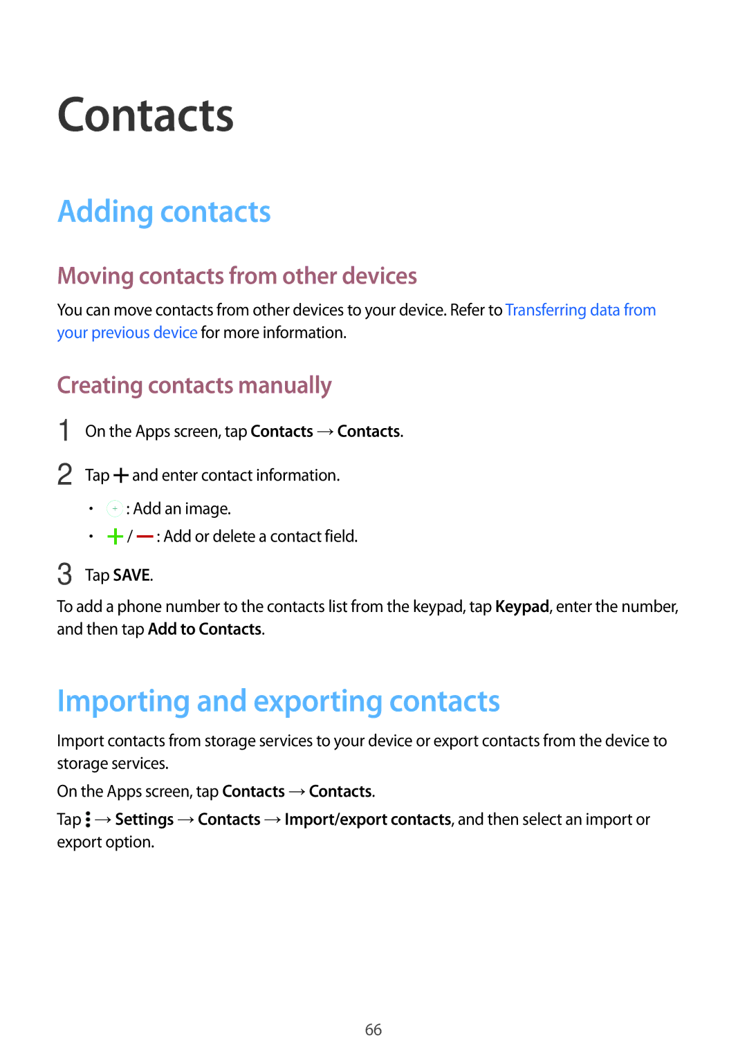 Samsung SM-A700FZKASEE Contacts, Adding contacts, Importing and exporting contacts, Moving contacts from other devices 