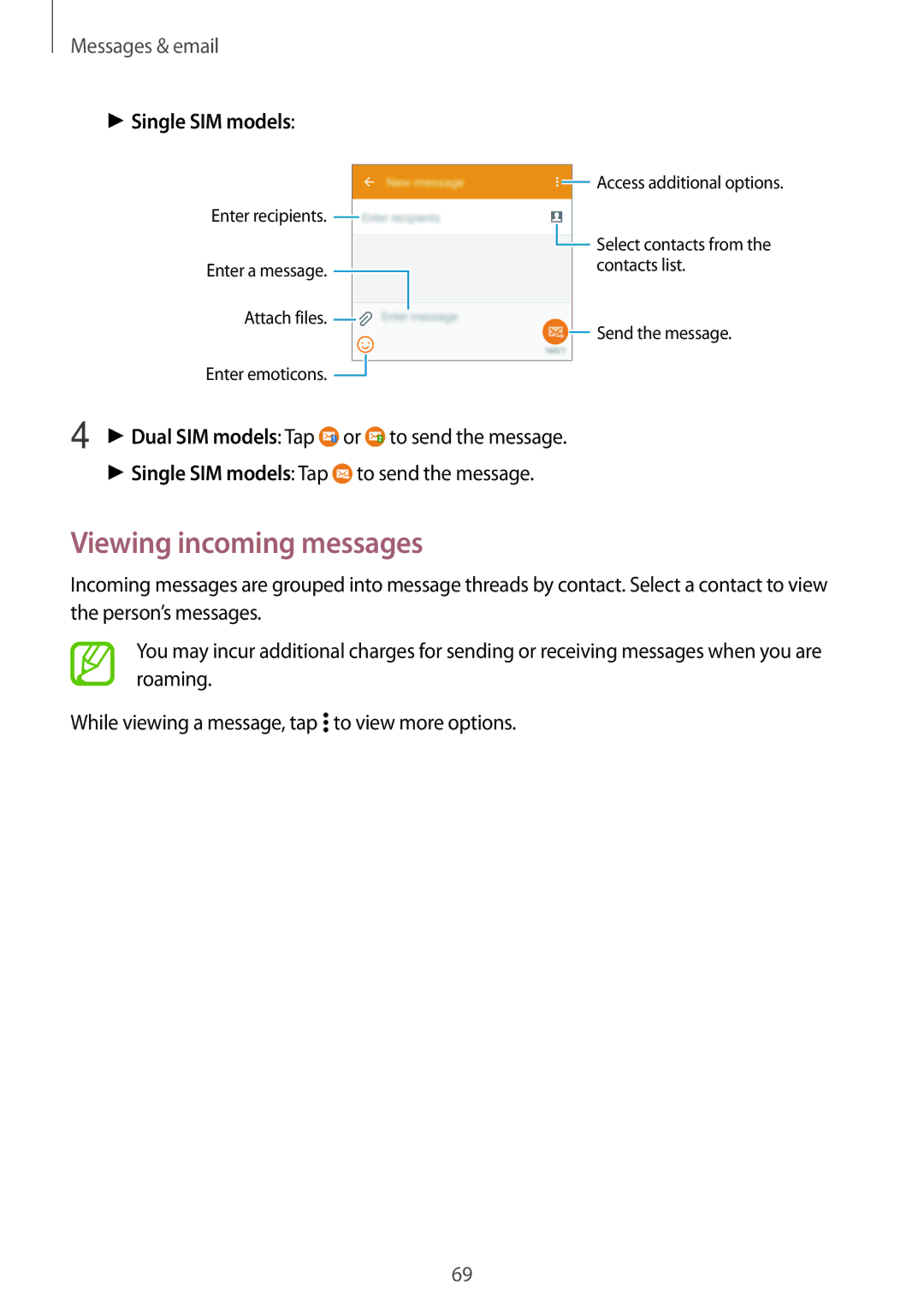 Samsung SM-A700FZKAPHE, SM-A700FZKADBT, SM-A700FZKACYO, SM-A700FZWATPH manual Viewing incoming messages, Single SIM models 