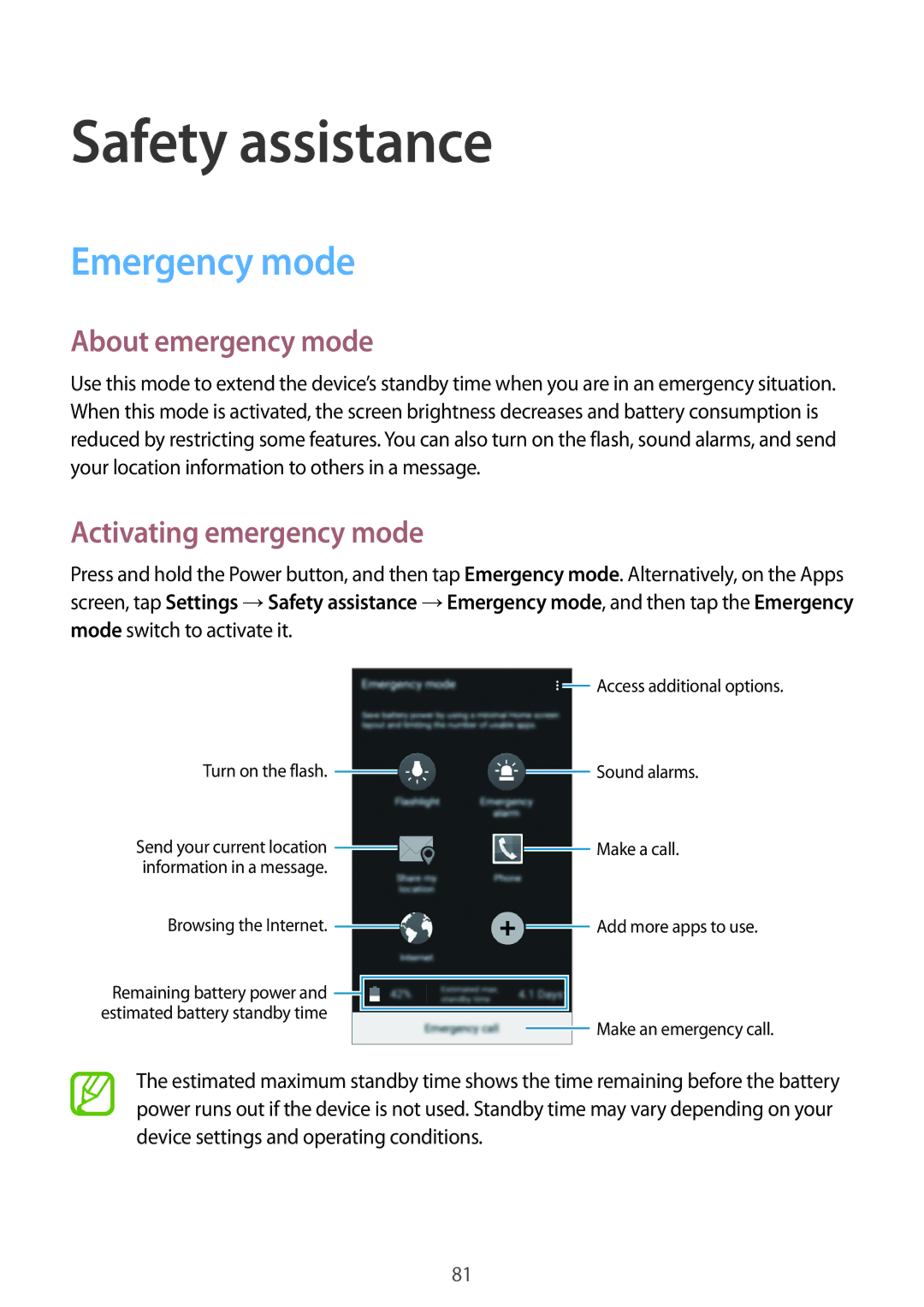 Samsung SM-A700FZKAETL, SM-A700FZKADBT Safety assistance, Emergency mode, About emergency mode, Activating emergency mode 