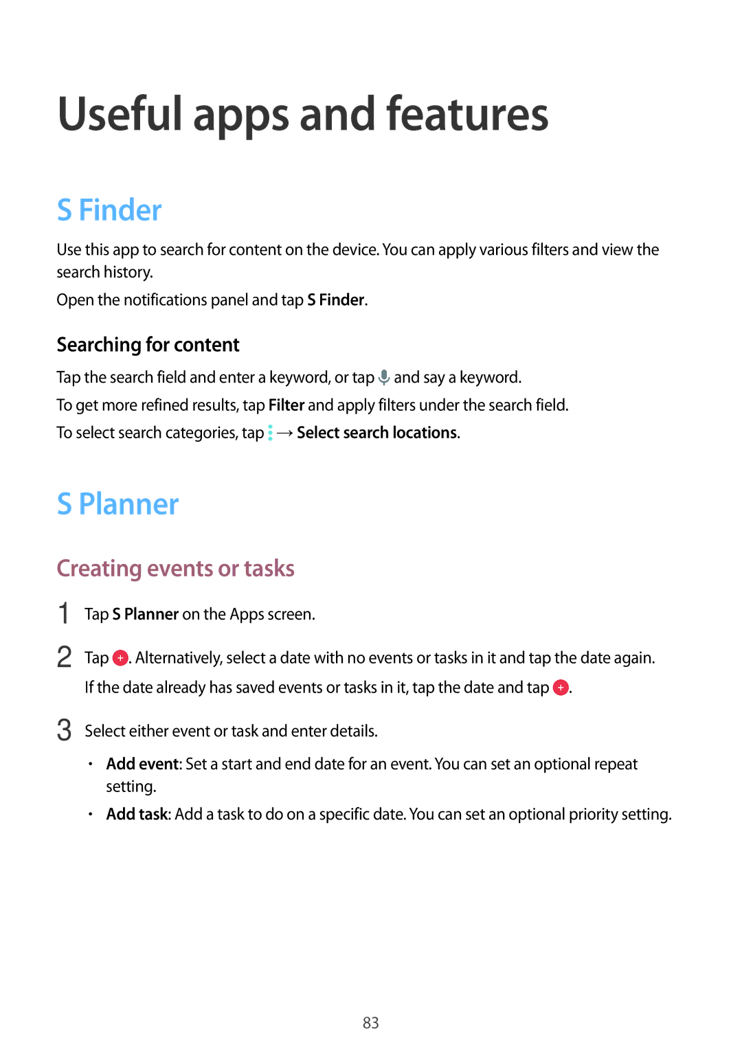 Samsung SM-A700FZWAO2C manual Useful apps and features, Finder, Planner, Creating events or tasks, Searching for content 