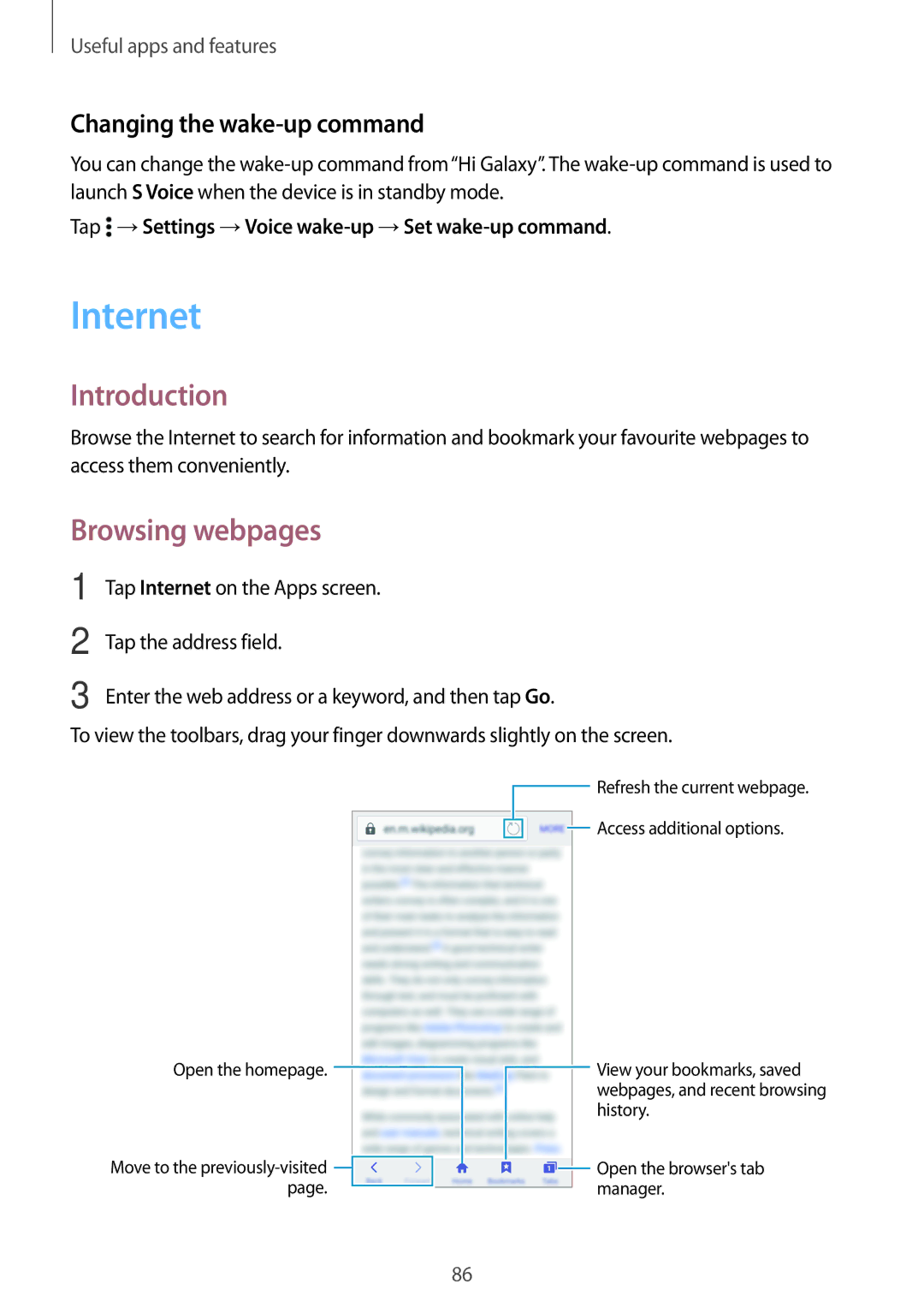 Samsung SM-A700FZKANEE, SM-A700FZKADBT manual Internet, Introduction, Browsing webpages, Changing the wake-up command 