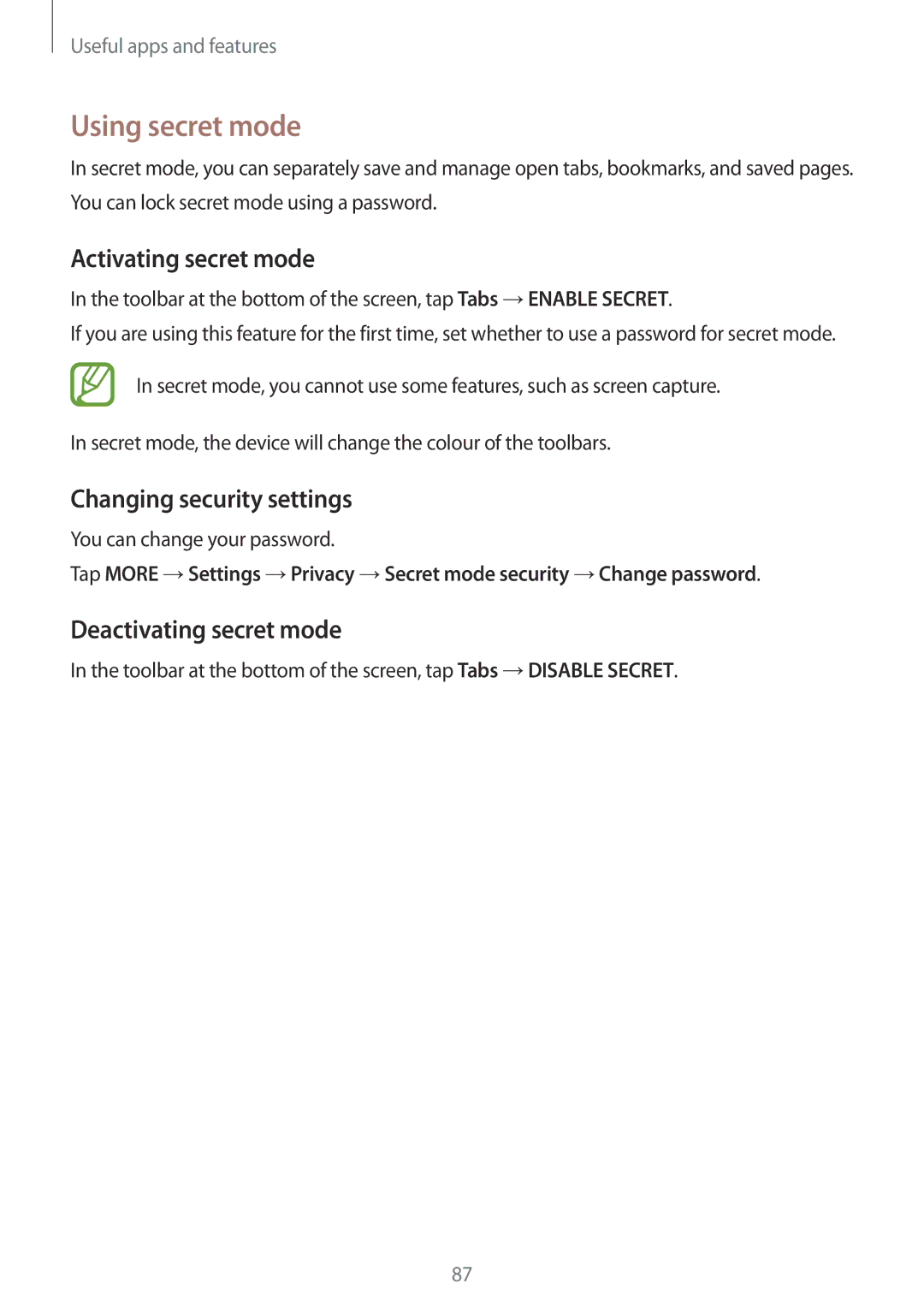 Samsung SM-A700FZDANEE Using secret mode, Activating secret mode, Changing security settings, Deactivating secret mode 