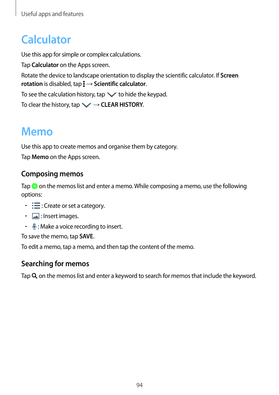 Samsung SM-A700FZWASEE, SM-A700FZKADBT, SM-A700FZKACYO manual Calculator, Memo, Composing memos, Searching for memos 