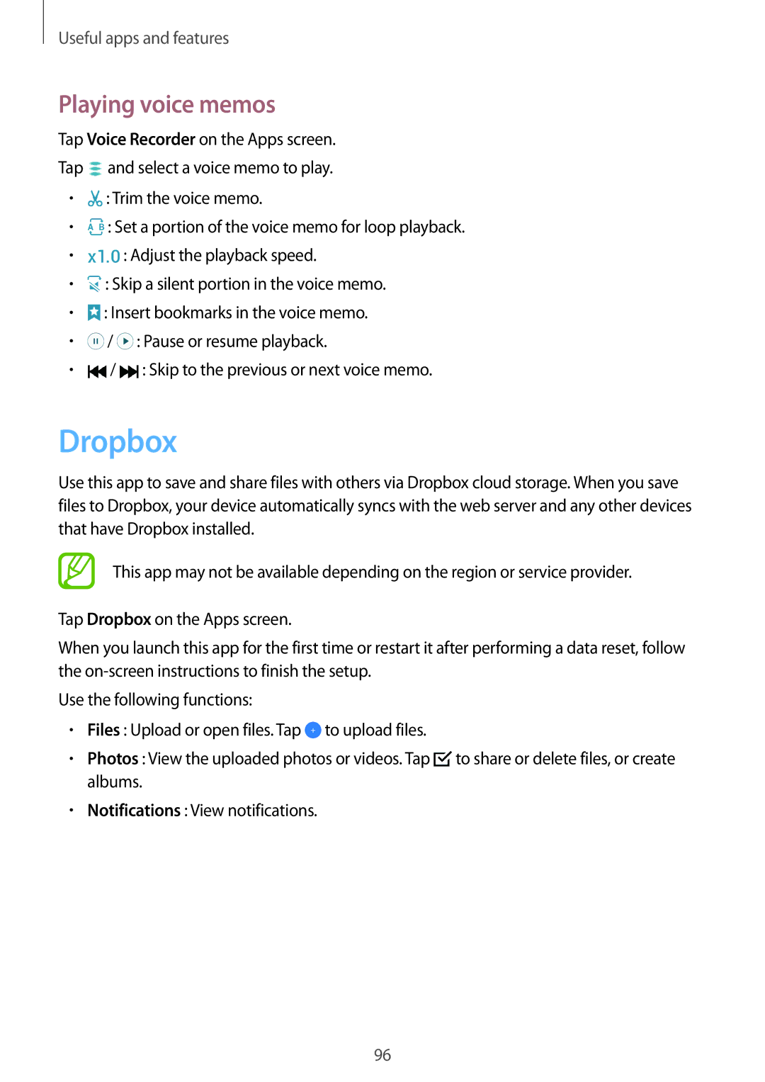 Samsung SM-A700FZKADBT, SM-A700FZKACYO, SM-A700FZWATPH, SM-A700FZDASEB, SM-A700FZDATPH manual Dropbox, Playing voice memos 