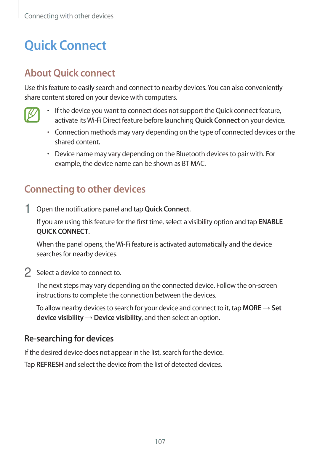 Samsung SM-A700FZKABGL, SM-A700FZKADBT, SM-A700FZKACYO manual Quick Connect, About Quick connect, Re-searching for devices 