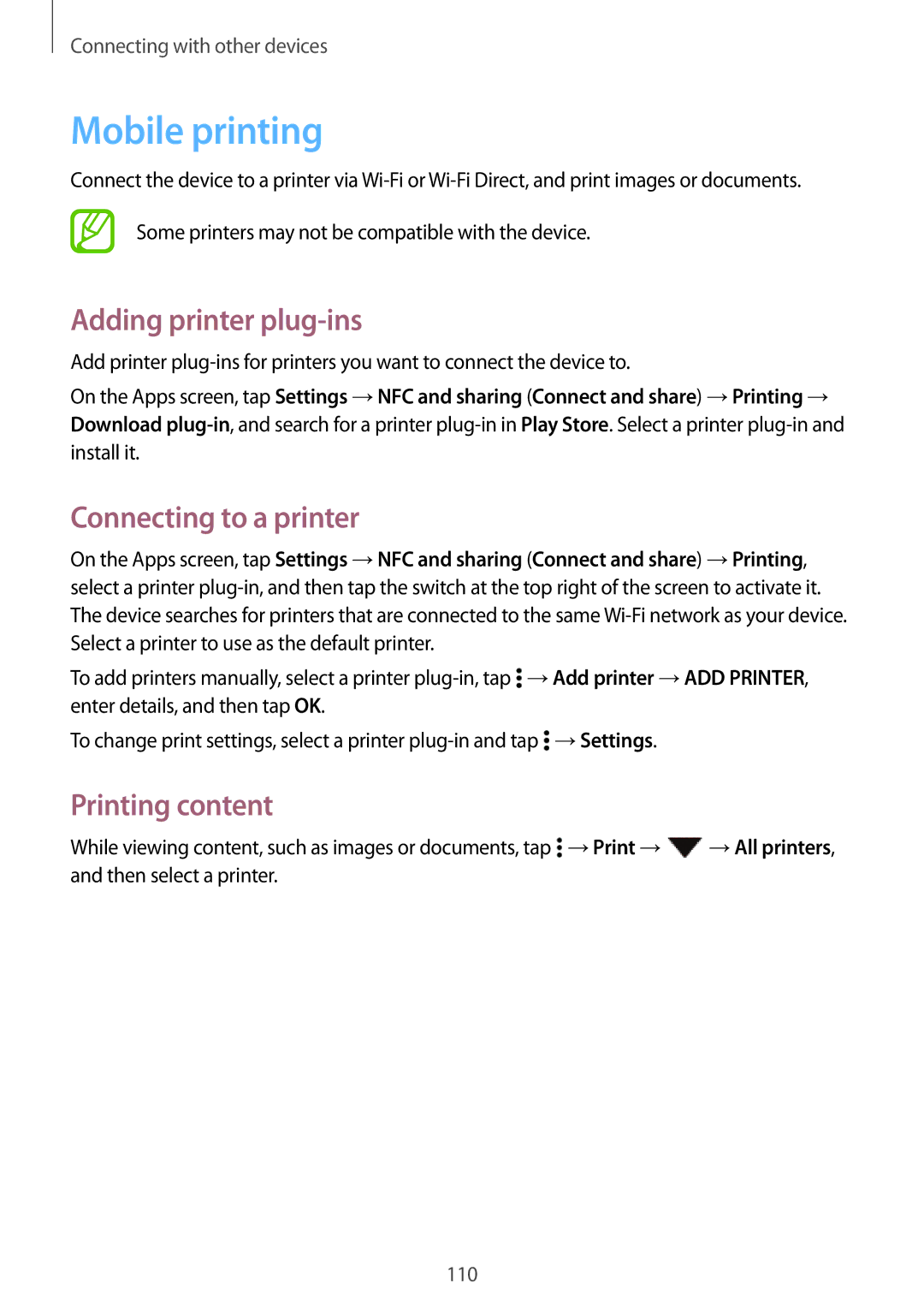 Samsung SM-A700FZWAATO, SM-A700FZKADBT Mobile printing, Adding printer plug-ins, Connecting to a printer, Printing content 