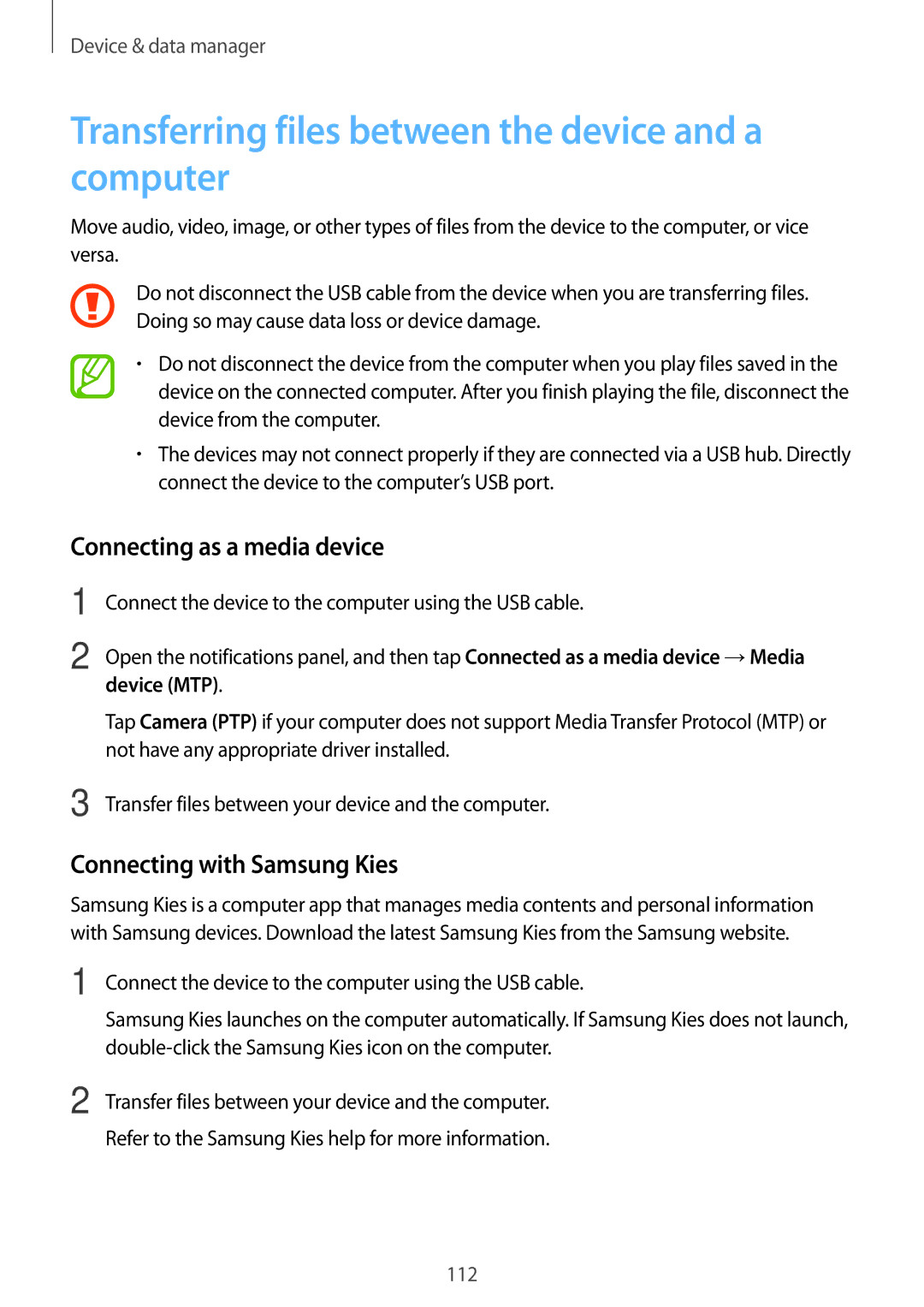 Samsung SM-A700FZKAO2C Transferring files between the device and a computer, Connecting as a media device, Device MTP 