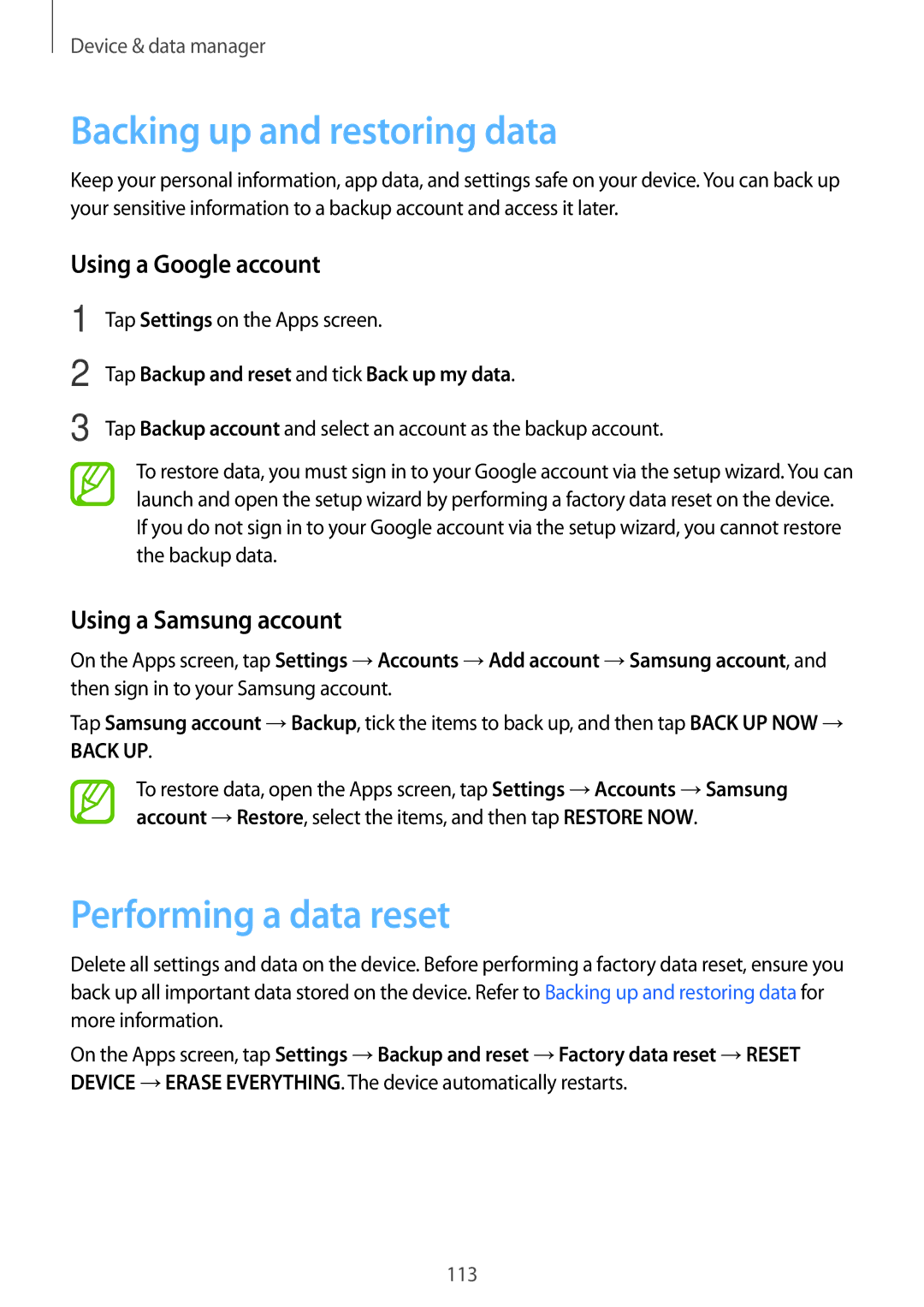 Samsung SM-A700FZWAO2C, SM-A700FZKADBT manual Backing up and restoring data, Performing a data reset, Using a Google account 