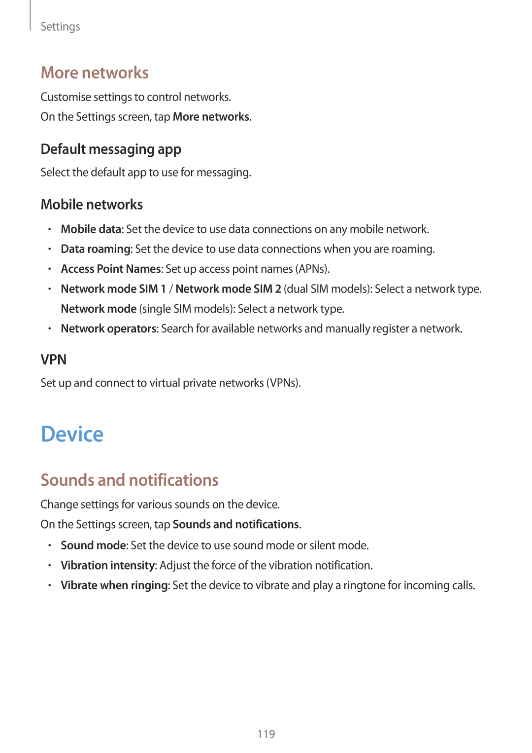 Samsung SM-A700FZDDSER manual Device, More networks, Sounds and notifications, Default messaging app, Mobile networks 