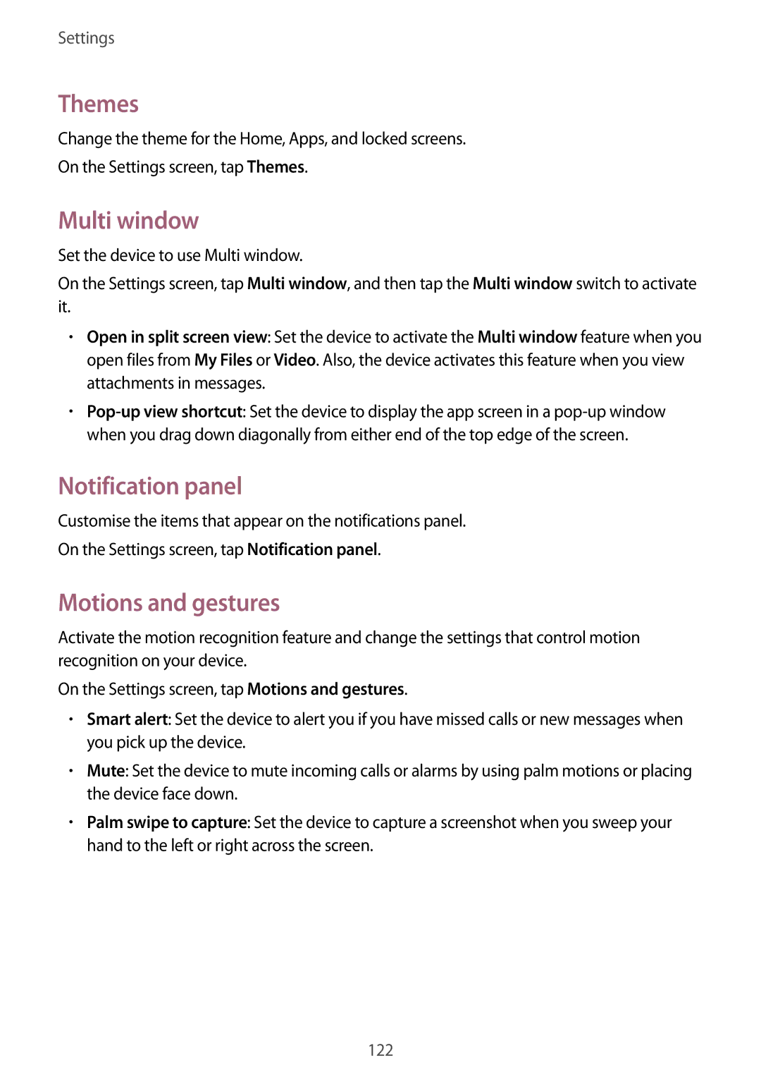 Samsung SM-A700FZWATPH, SM-A700FZKADBT, SM-A700FZKACYO manual Themes, Multi window, Notification panel, Motions and gestures 