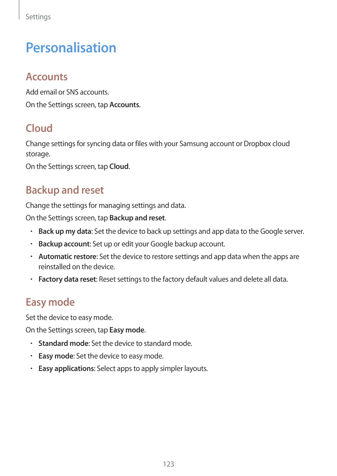 Samsung SM-A700FZDASEB, SM-A700FZKADBT, SM-A700FZKACYO manual Personalisation, Accounts, Cloud, Backup and reset, Easy mode 