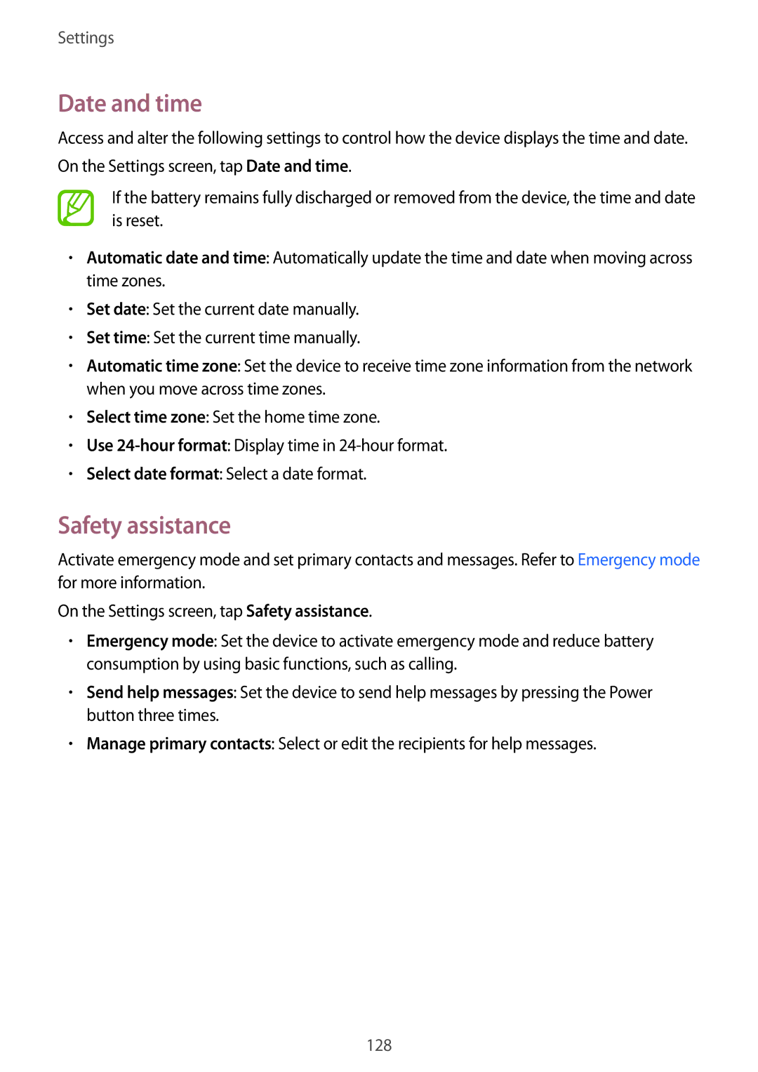 Samsung SM-A700FZKAATO, SM-A700FZKADBT, SM-A700FZKACYO, SM-A700FZWATPH, SM-A700FZDASEB manual Date and time, Safety assistance 