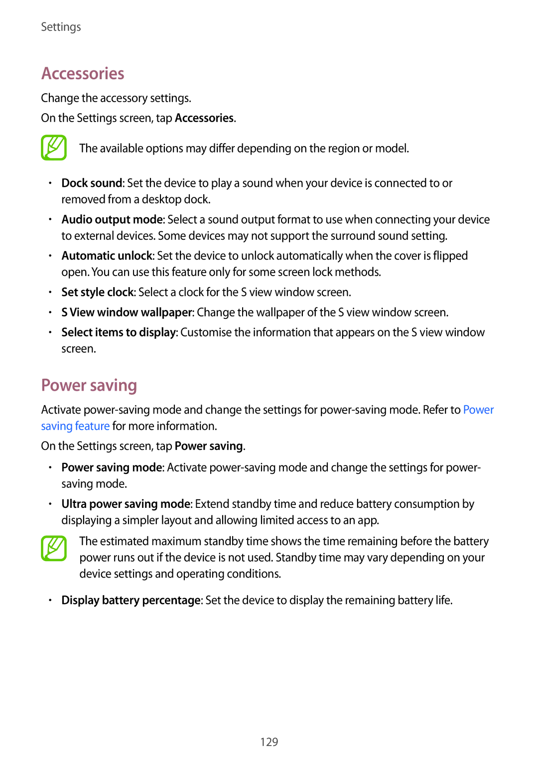 Samsung SM-A700FZWASEB, SM-A700FZKADBT, SM-A700FZKACYO, SM-A700FZWATPH, SM-A700FZDASEB manual Accessories, Power saving 