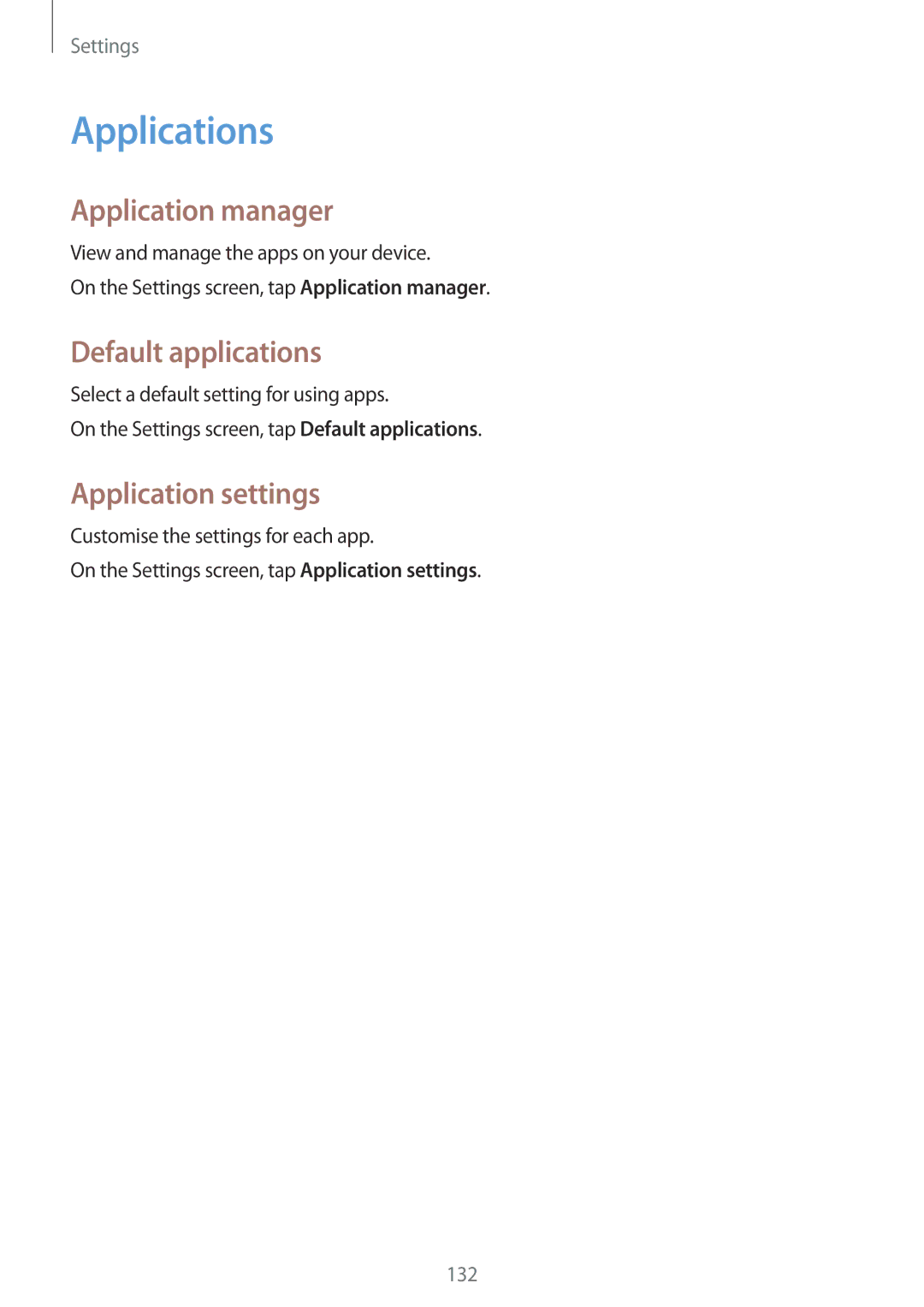 Samsung SM-A700FZKAXEF, SM-A700FZKADBT manual Applications, Application manager, Default applications, Application settings 