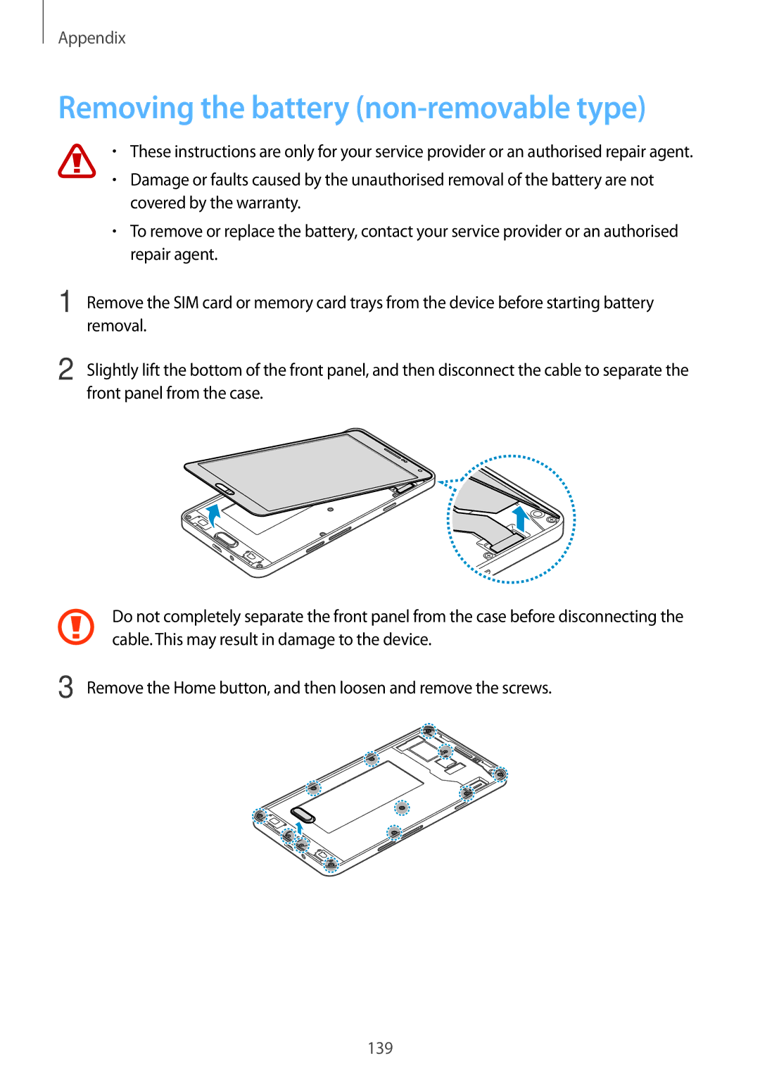 Samsung SM-A700FZWAITV, SM-A700FZKADBT, SM-A700FZKACYO, SM-A700FZWATPH manual Removing the battery non-removable type 