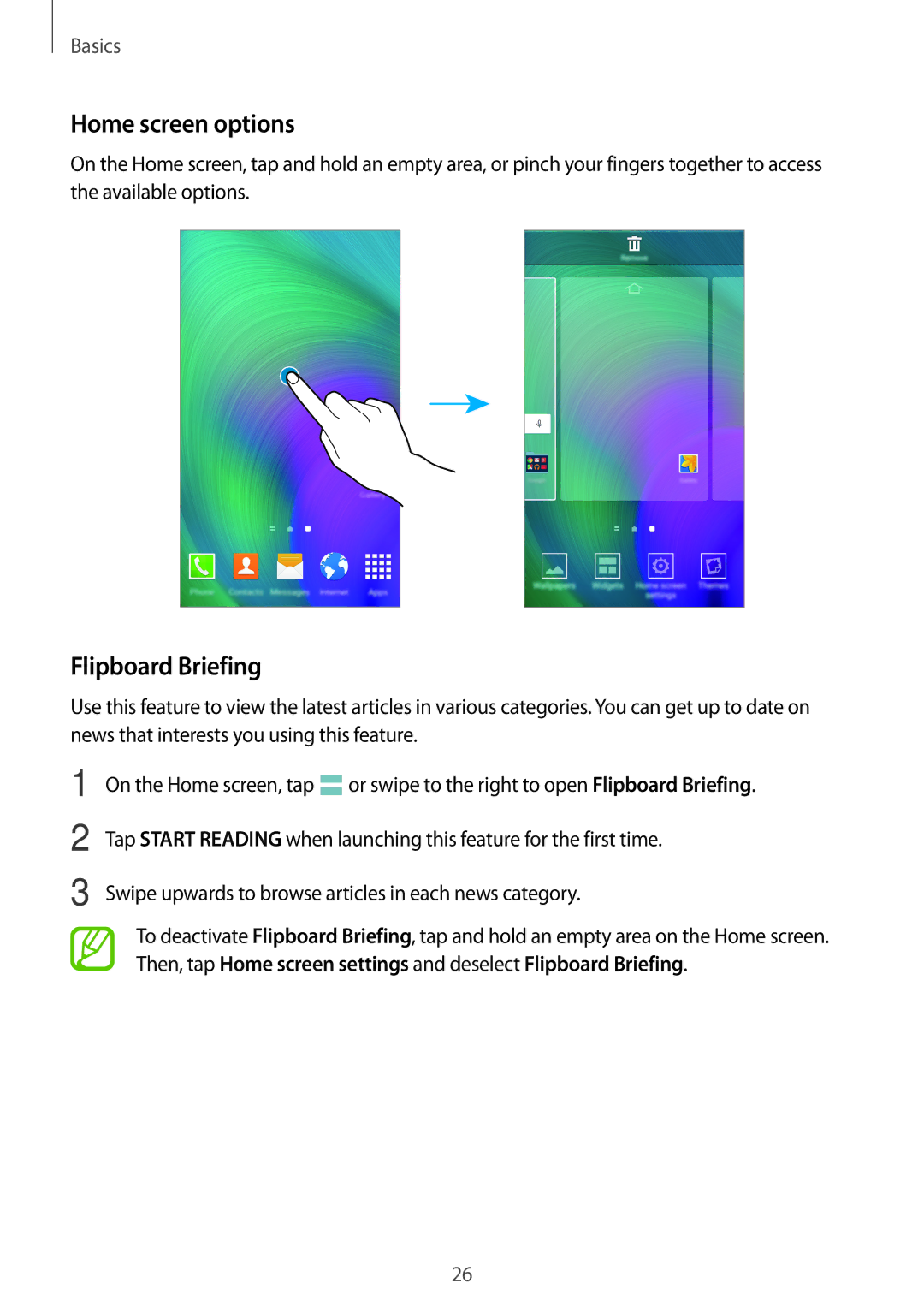 Samsung SM-A700FZWABGL, SM-A700FZKADBT, SM-A700FZKACYO, SM-A700FZWATPH manual Home screen options, Flipboard Briefing 