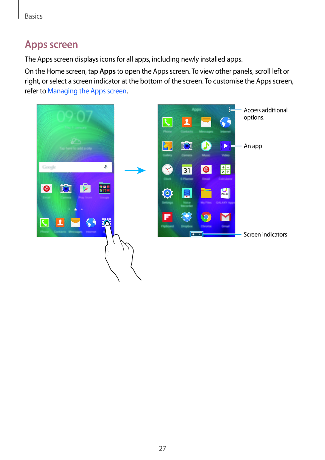 Samsung SM-A700FZKABGL, SM-A700FZKADBT, SM-A700FZKACYO, SM-A700FZWATPH, SM-A700FZDASEB, SM-A700FZDATPH manual Apps screen 