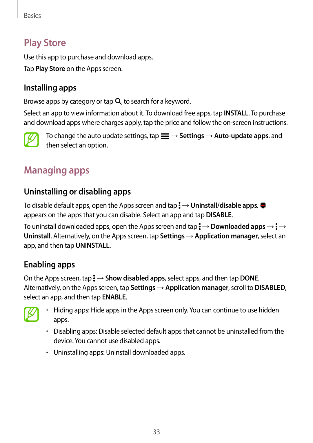 Samsung SM-A700FZWAO2C, SM-A700FZKADBT manual Play Store, Managing apps, Uninstalling or disabling apps, Enabling apps 