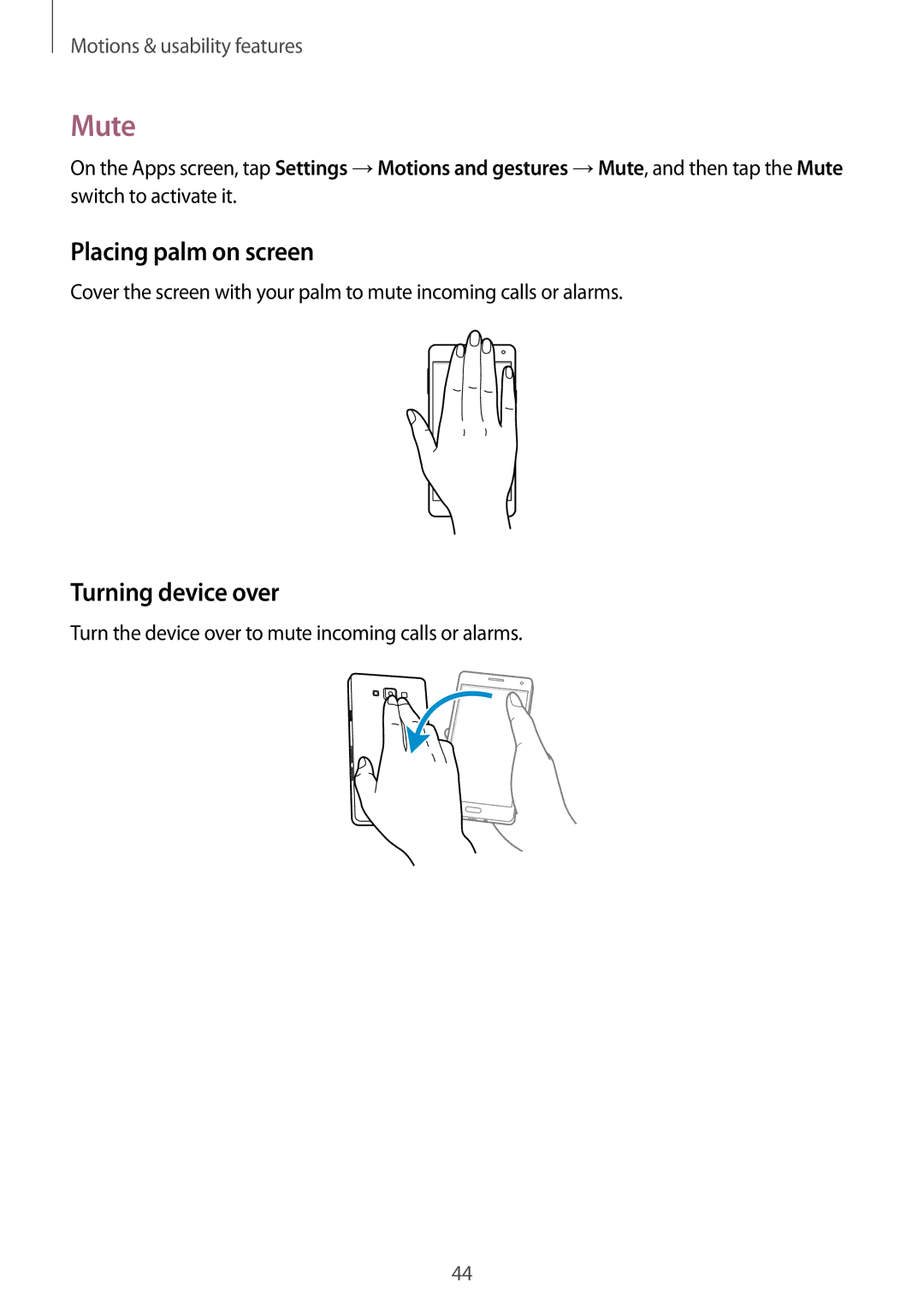 Samsung SM-A700FZDATPH, SM-A700FZKADBT, SM-A700FZKACYO, SM-A700FZWATPH Mute, Placing palm on screen, Turning device over 