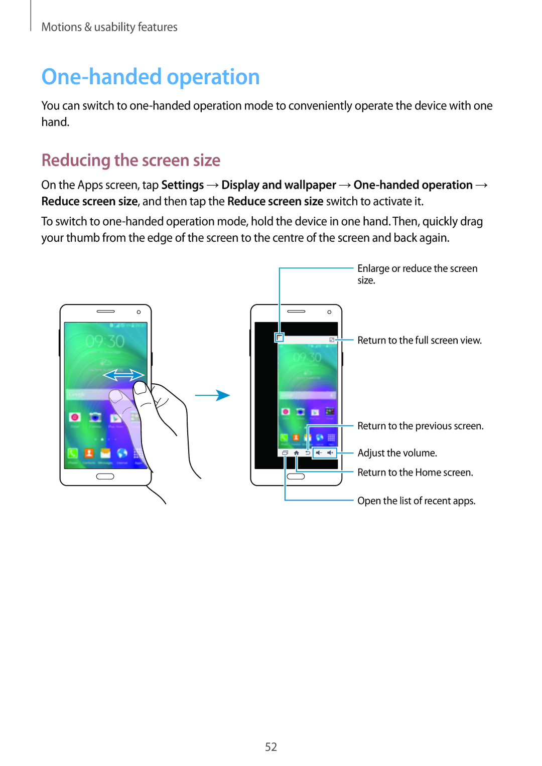 Samsung SM-A700FZKAXEF, SM-A700FZKADBT, SM-A700FZKACYO, SM-A700FZWATPH manual One-handed operation, Reducing the screen size 