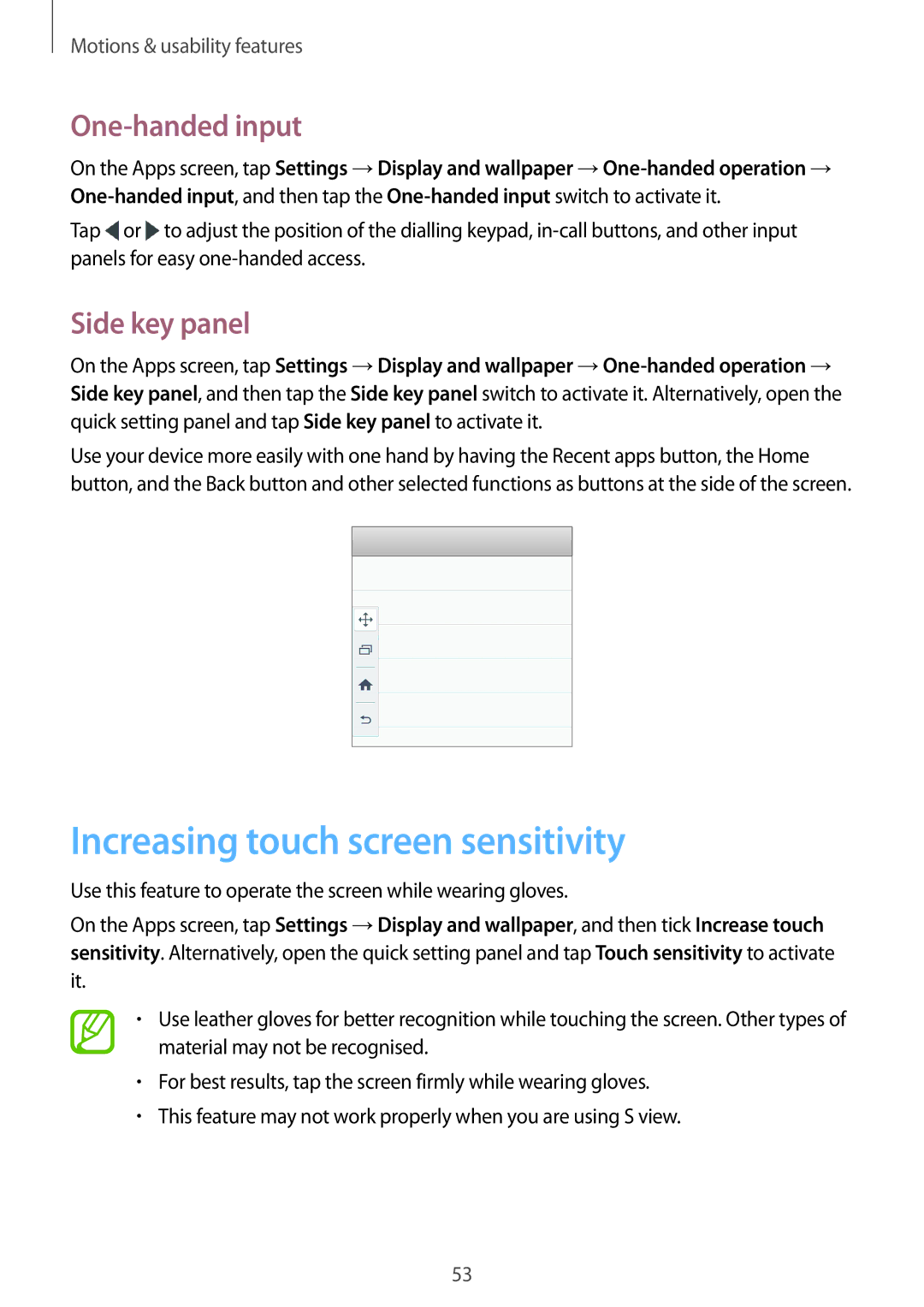 Samsung SM-A700FZDAXEF, SM-A700FZKADBT manual Increasing touch screen sensitivity, One-handed input, Side key panel 