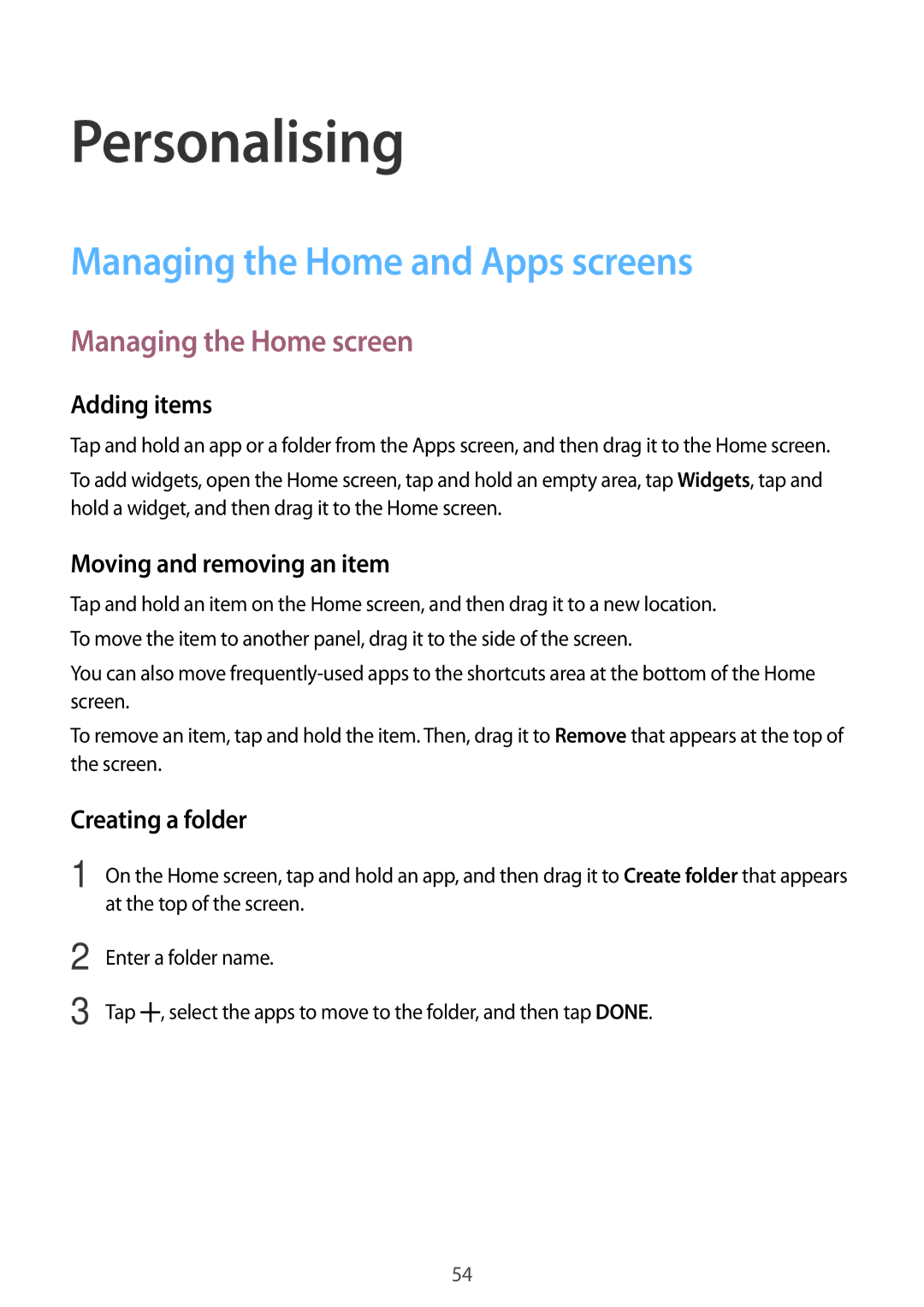 Samsung SM-A700FZWAFTM, SM-A700FZKADBT manual Personalising, Managing the Home and Apps screens, Managing the Home screen 