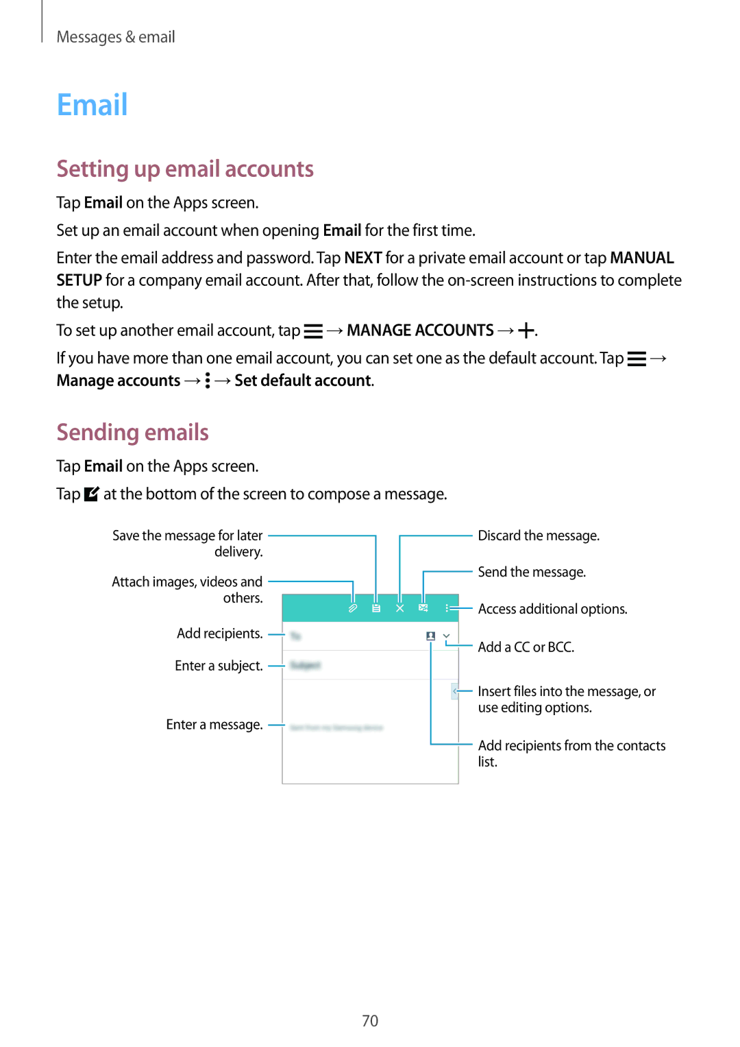 Samsung SM-A700FZWAATO, SM-A700FZKADBT, SM-A700FZKACYO, SM-A700FZWATPH manual Setting up email accounts, Sending emails 