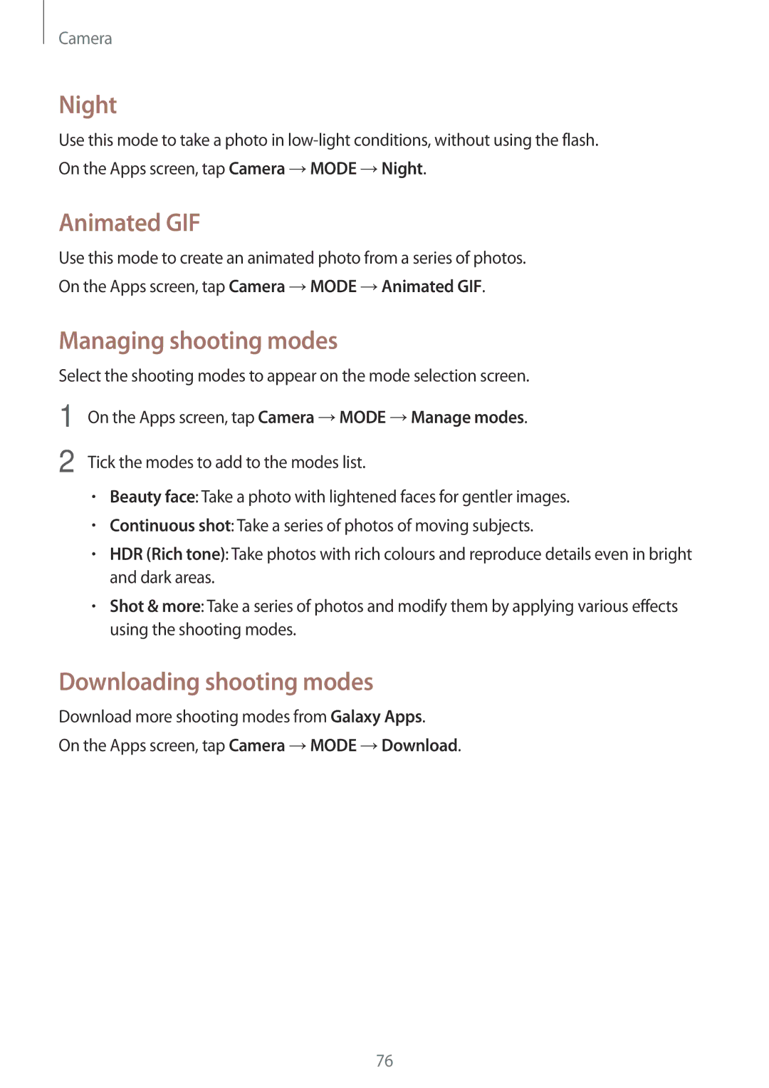 Samsung SM-A700FZKANEE, SM-A700FZKADBT manual Night, Animated GIF, Managing shooting modes, Downloading shooting modes 