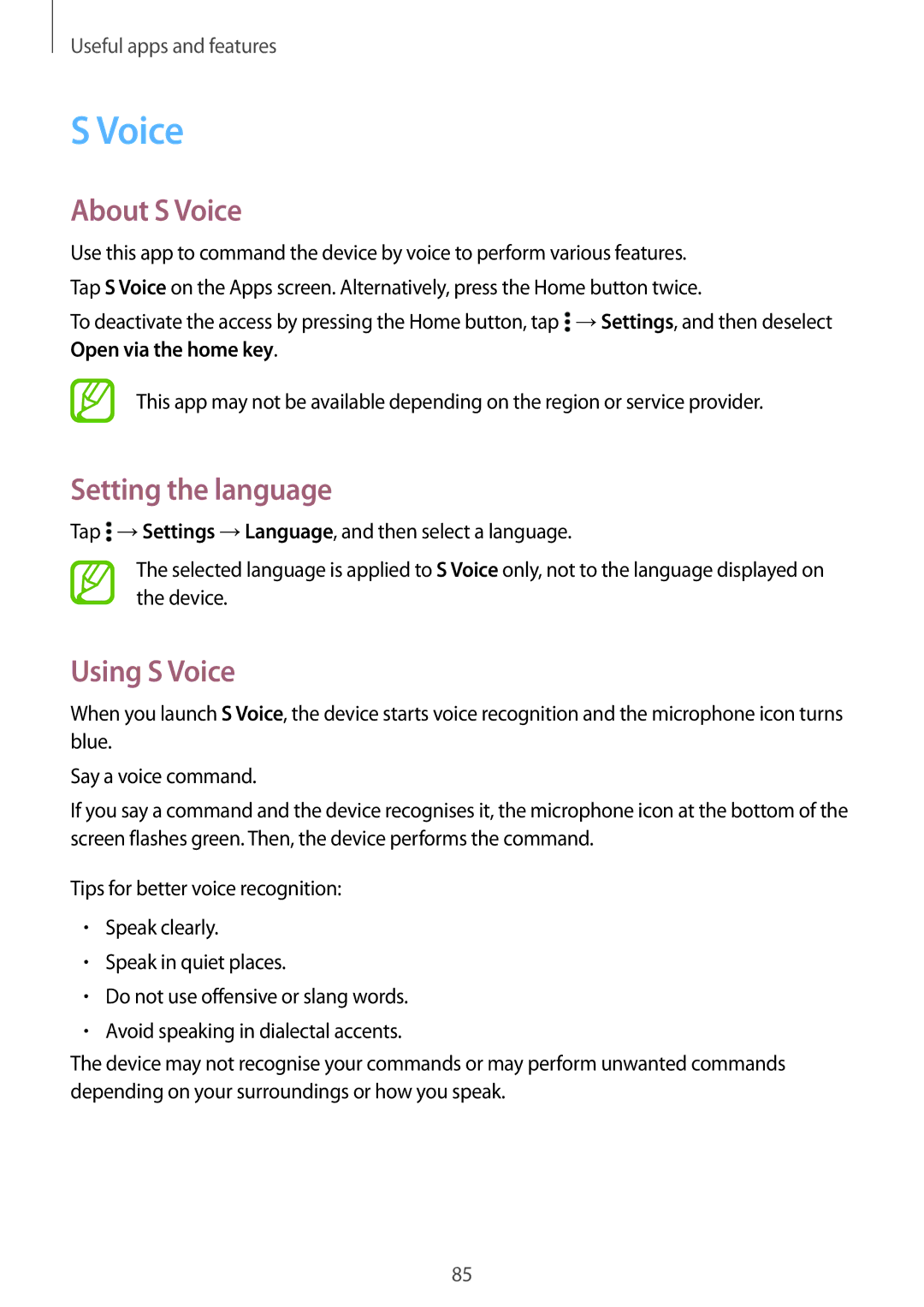 Samsung SM-A700FZWACYO, SM-A700FZKADBT, SM-A700FZKACYO manual About S Voice, Setting the language, Using S Voice 