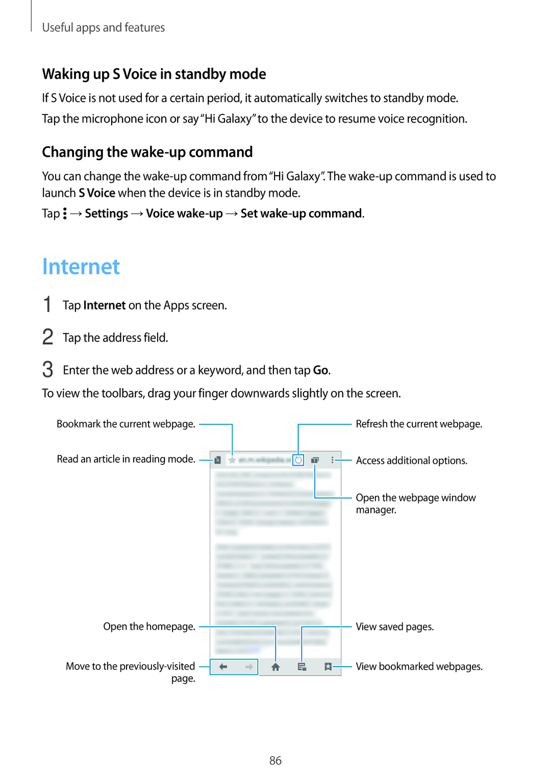 Samsung SM-A700FZWADBT, SM-A700FZKADBT manual Internet, Waking up S Voice in standby mode, Changing the wake-up command 