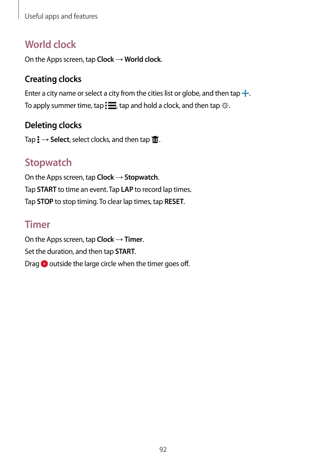 Samsung SM-A700FZKAXEF, SM-A700FZKADBT, SM-A700FZKACYO manual World clock, Stopwatch, Timer, Creating clocks, Deleting clocks 
