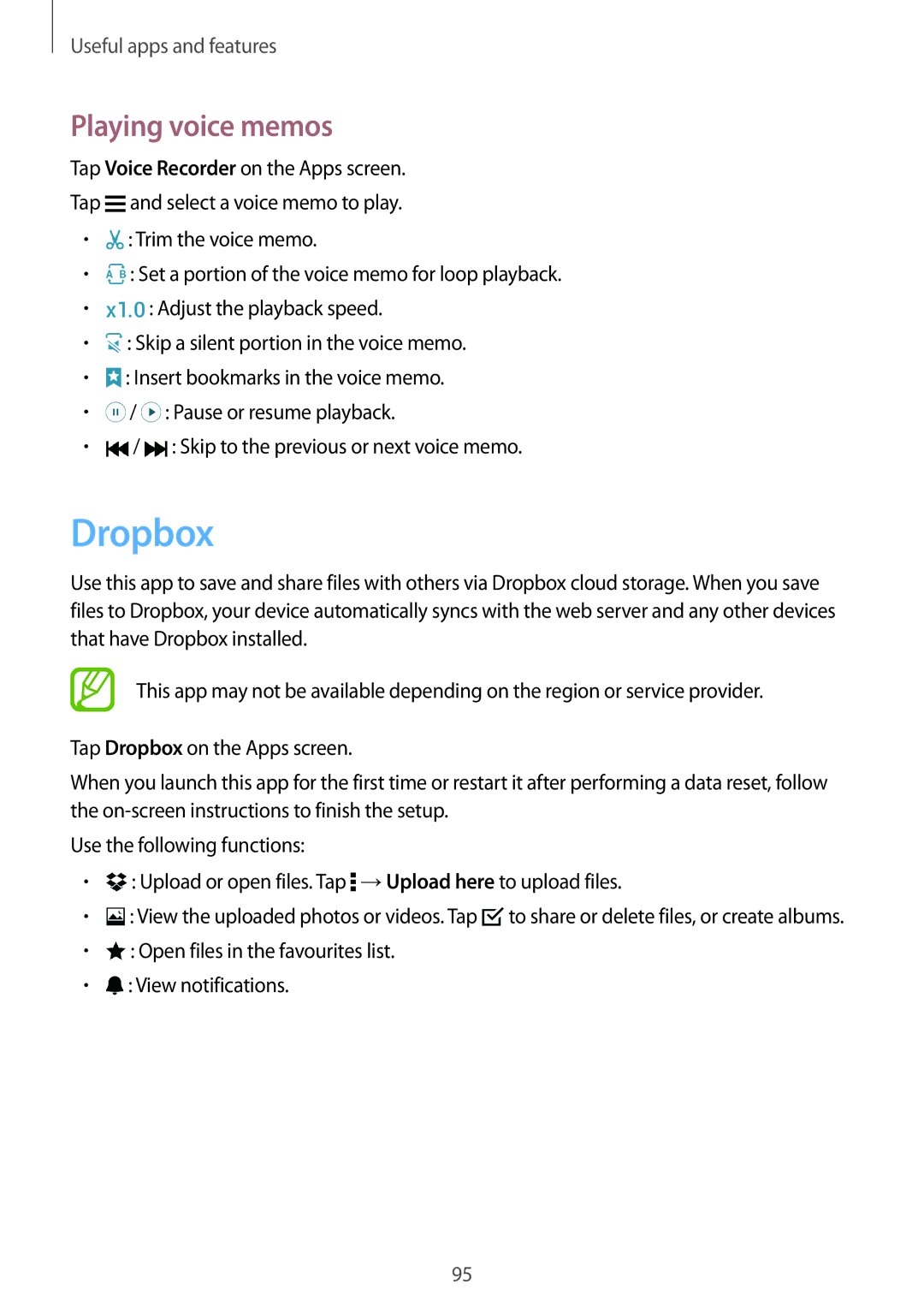Samsung SM-A700FZWAXEF, SM-A700FZKADBT, SM-A700FZKACYO, SM-A700FZWATPH, SM-A700FZDASEB manual Dropbox, Playing voice memos 