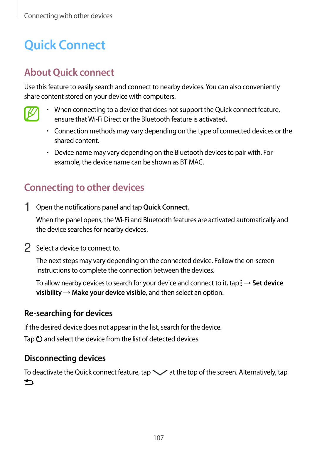 Samsung SM-A700HZKDXXV, SM-A700FZKADBT Quick Connect, About Quick connect, Re-searching for devices, Disconnecting devices 