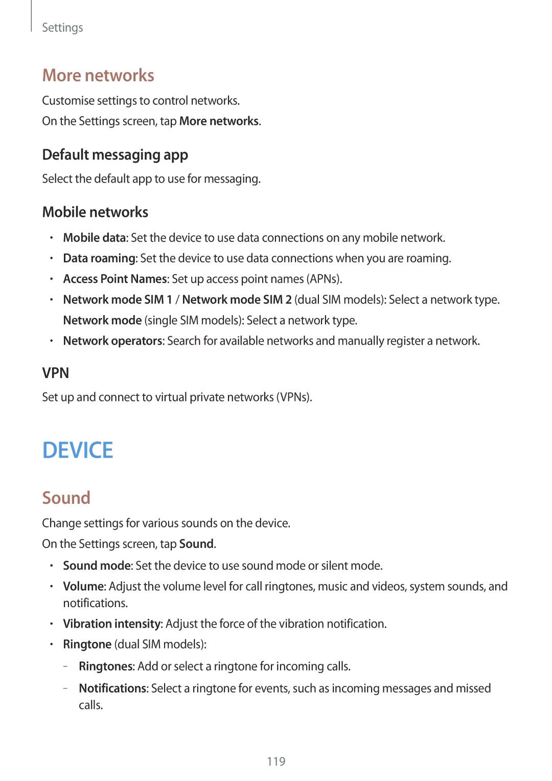 Samsung SM-A700FZKANEE, SM-A700FZKADBT, SM-A700FZKACYO manual More networks, Sound, Default messaging app, Mobile networks 