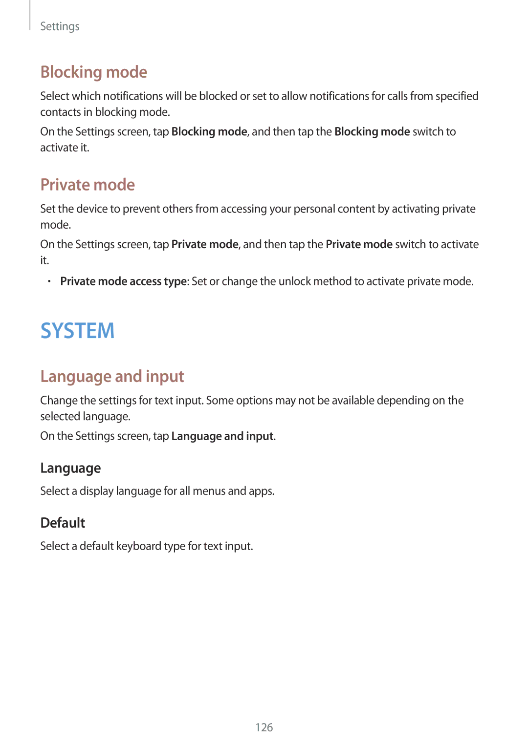 Samsung SM-A700FZDASEB, SM-A700FZKADBT, SM-A700FZKACYO manual Blocking mode, Private mode, Language and input, Default 