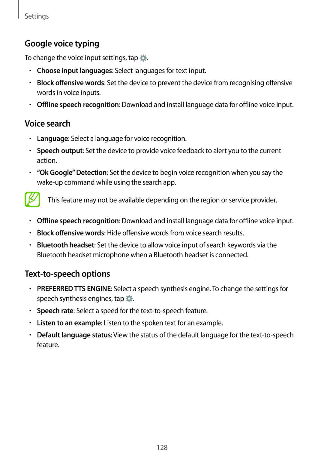 Samsung SM-A700FZWACYO, SM-A700FZKADBT, SM-A700FZKACYO, SM-A700FZWATPH manual Google voice typing, Text-to-speech options 