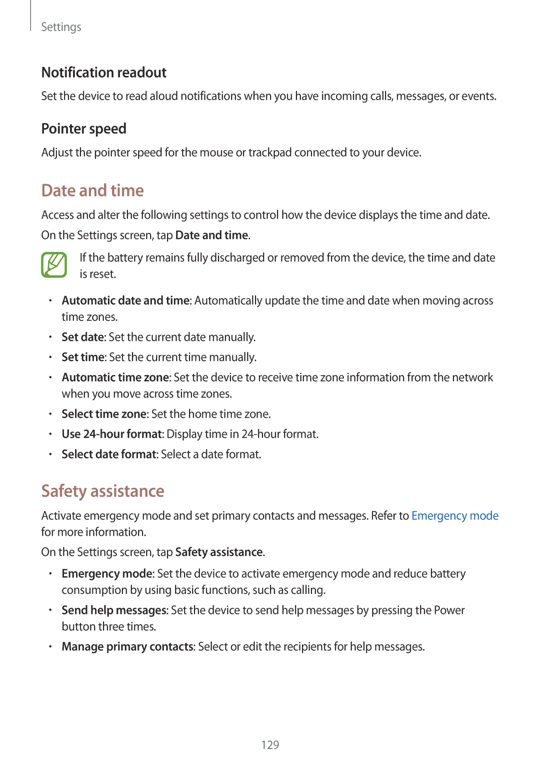 Samsung SM-A700FZWADBT, SM-A700FZKADBT manual Date and time, Safety assistance, Notification readout, Pointer speed 