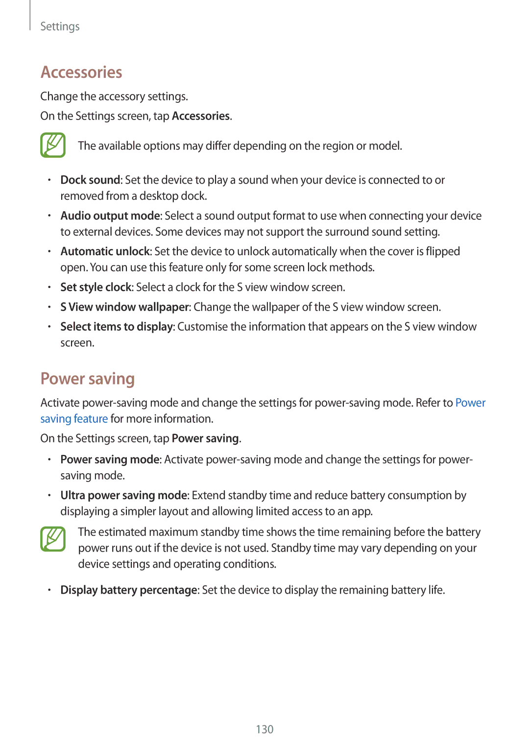 Samsung SM-A700FZKATPH, SM-A700FZKADBT, SM-A700FZKACYO, SM-A700FZWATPH, SM-A700FZDASEB manual Accessories, Power saving 