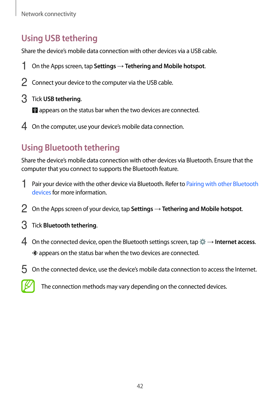 Samsung SM-A700FZKACYO manual Using USB tethering, Using Bluetooth tethering, Tick USB tethering, Tick Bluetooth tethering 